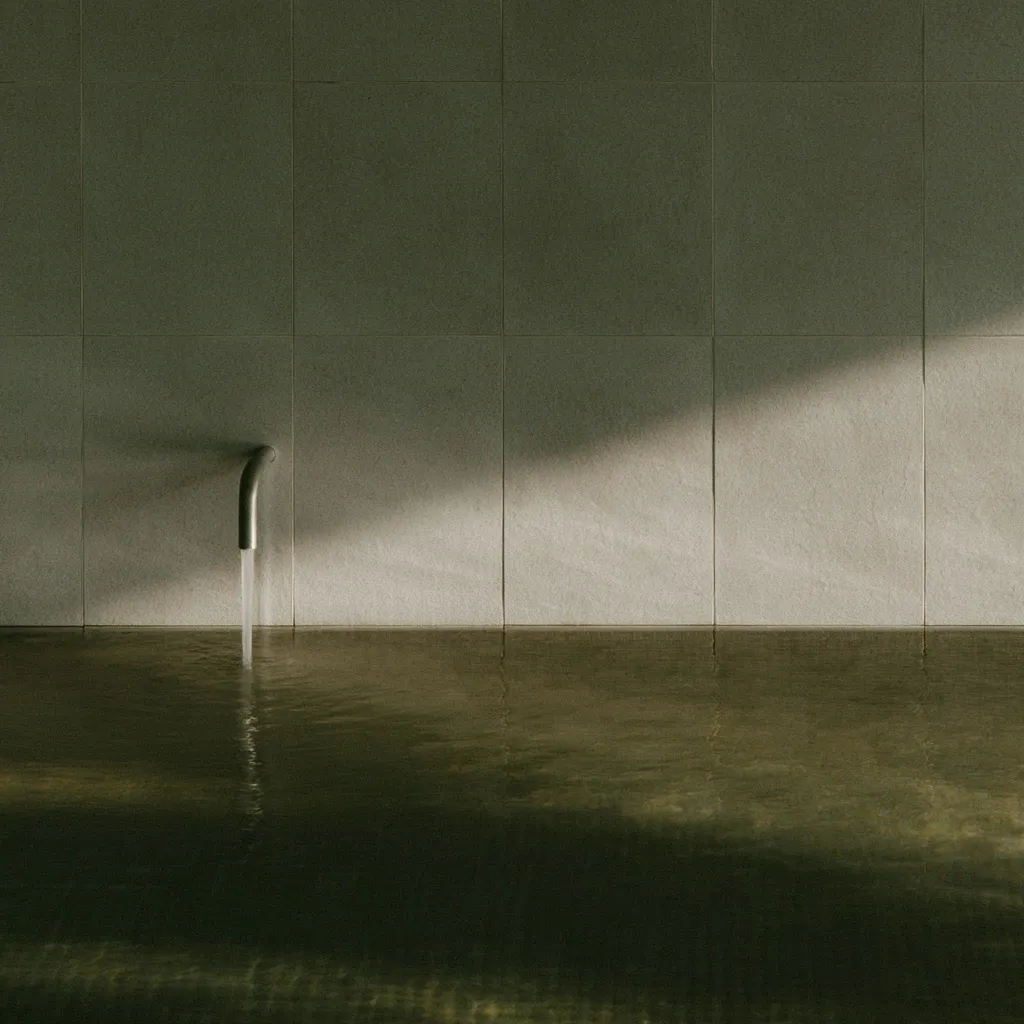 Still bathhouse pool against a stone tile wall, a single metal spout running water, a diagonal shaft of daylight across the surface