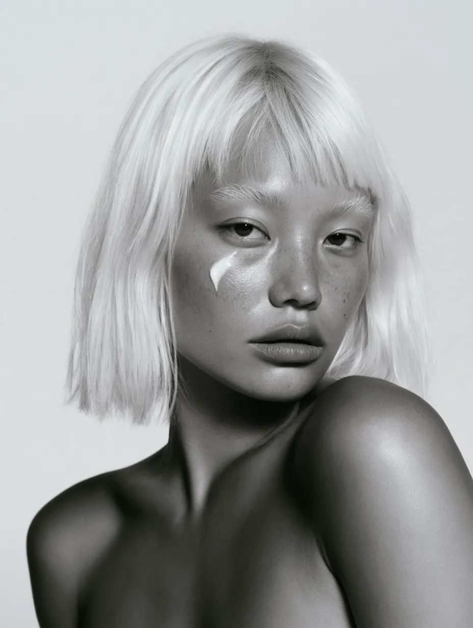Black and white portrait, pale blunt bob with a fringe, freckled skin, a small swipe of cream under the eye