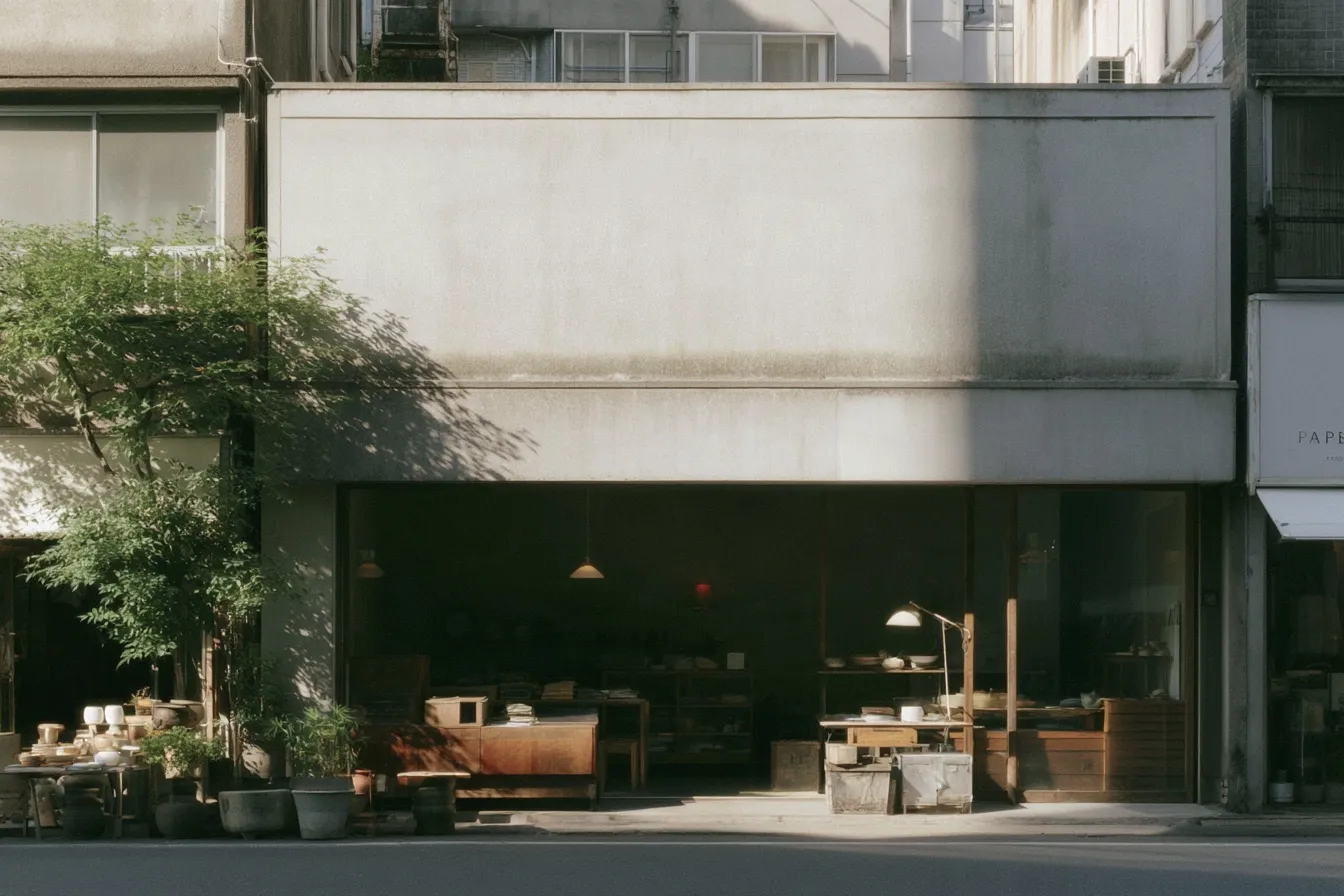 Low concrete shopfront on a quiet Tokyo street, open frontage full of second-hand ceramics and wooden furniture, afternoon light and tree shadow across the facade