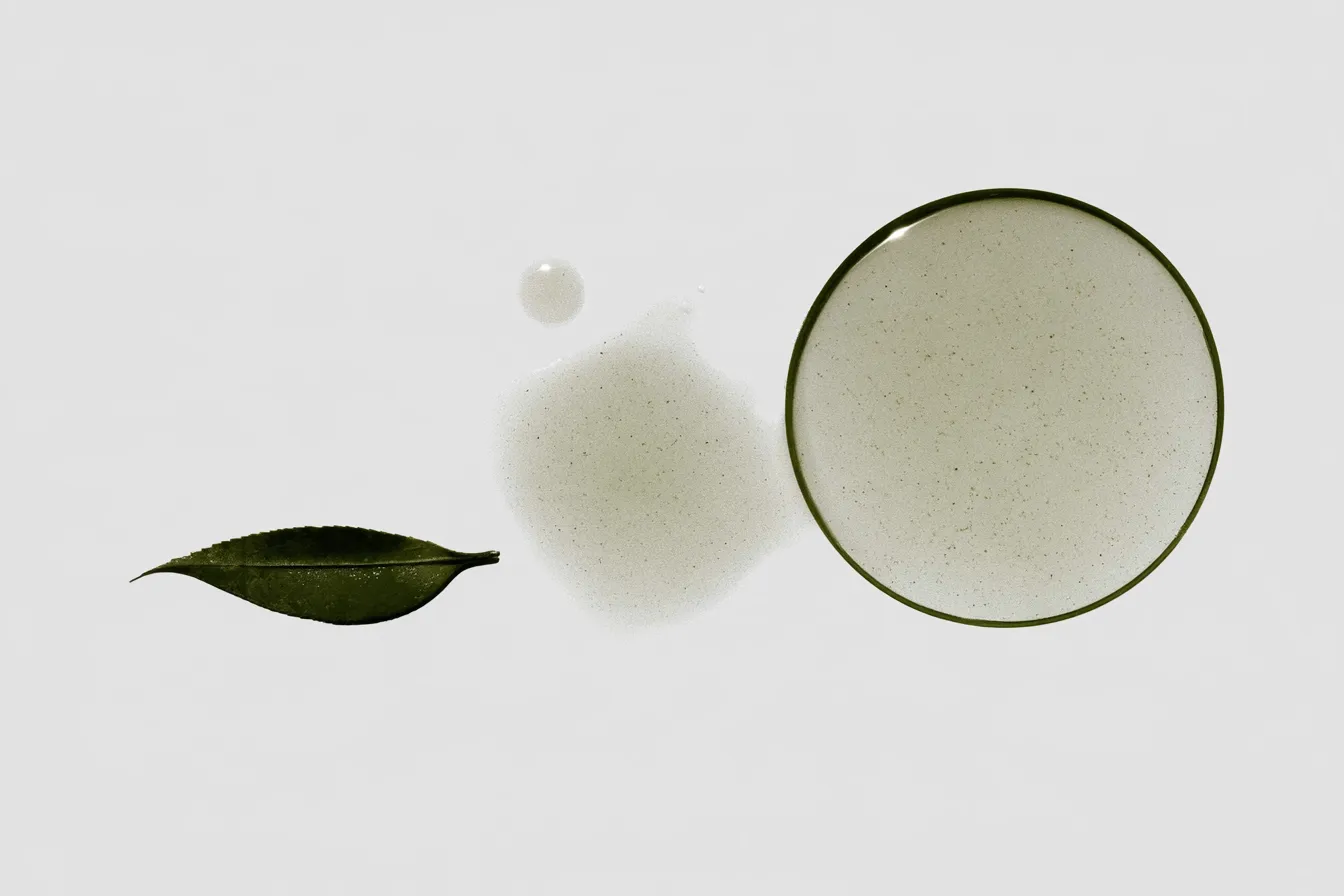 A single dark camellia leaf beside a matte droplet of oil and a clear glass dish of pale serum on a bone background
