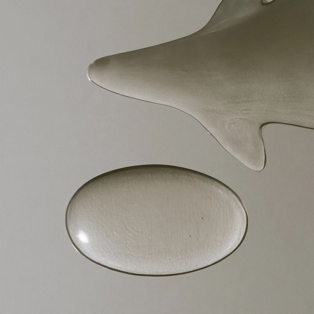 A smooth oval bead of clear squalane beside a shark-fin-shaped spill of the same oil on a soft grey surface