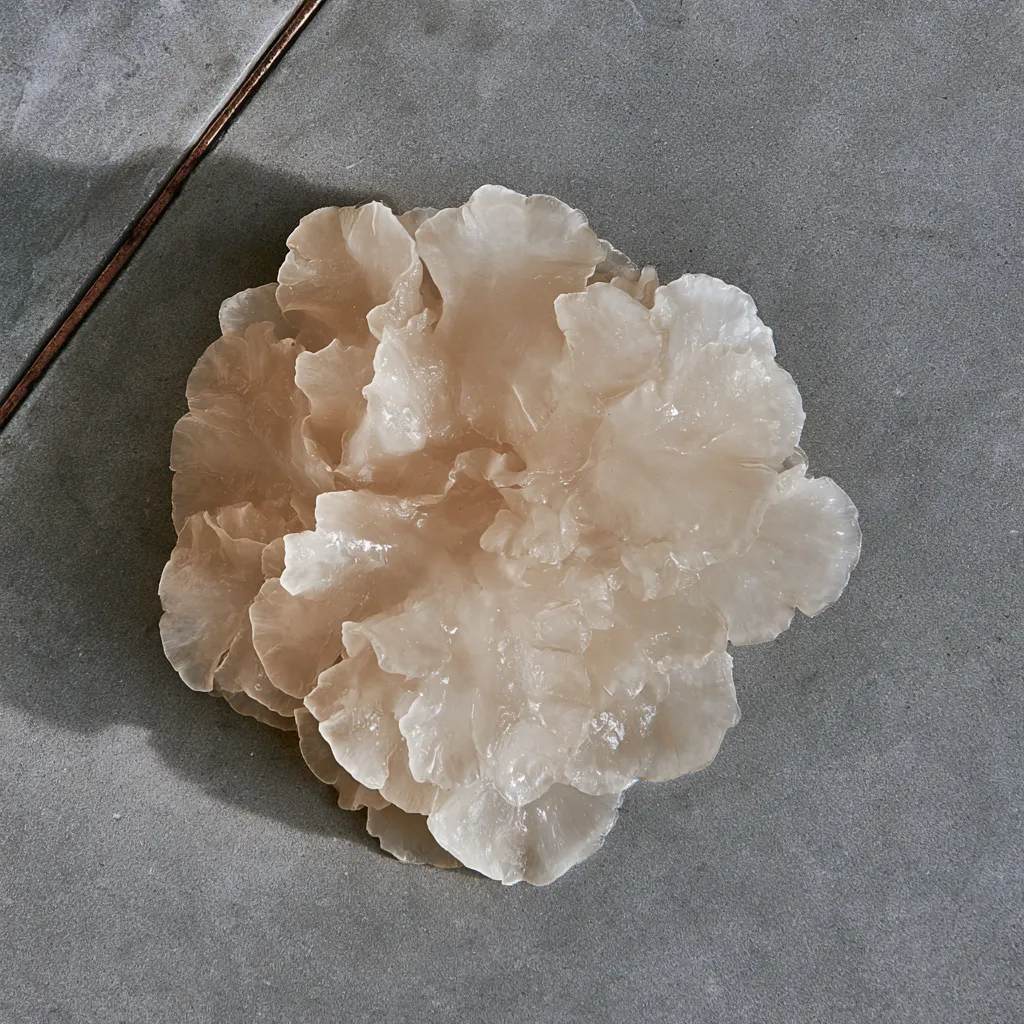 A whole tremella mushroom, cream and translucent, shot from above on a grey concrete floor