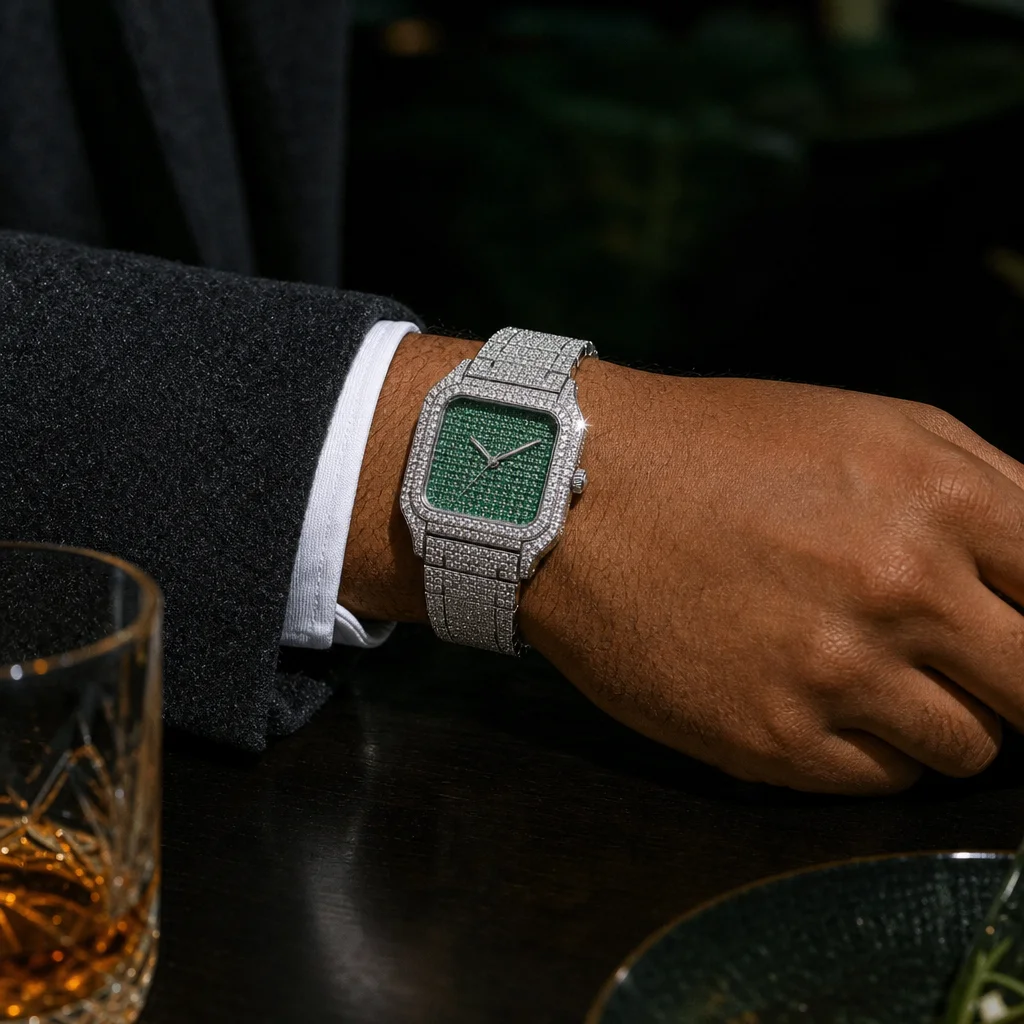 Blizzard Emerald Frost worn on the wrist — dinner, dark tailoring