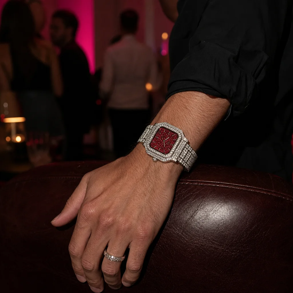 Blizzard Aurora worn on the wrist — full room, black shirt