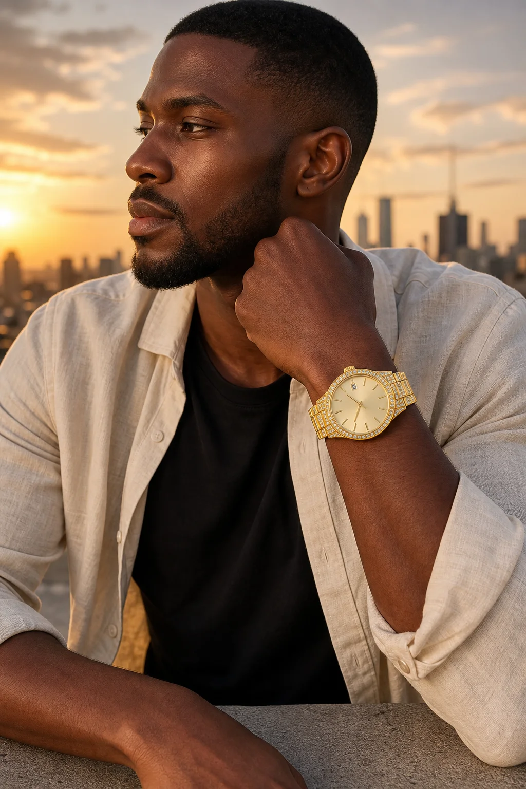 Blizzard Whiteout Gold worn on the wrist — golden hour, rooftop