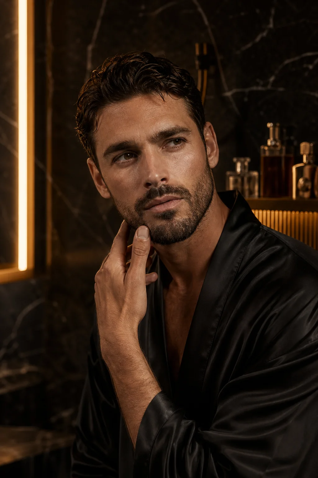 A groomed man in a dark marble bathroom