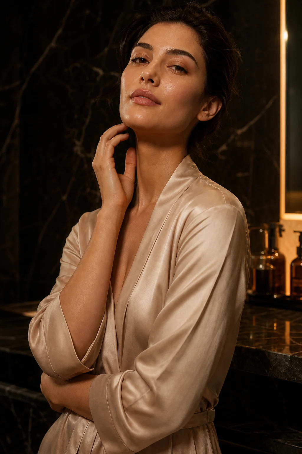A woman in a dark marble bathroom