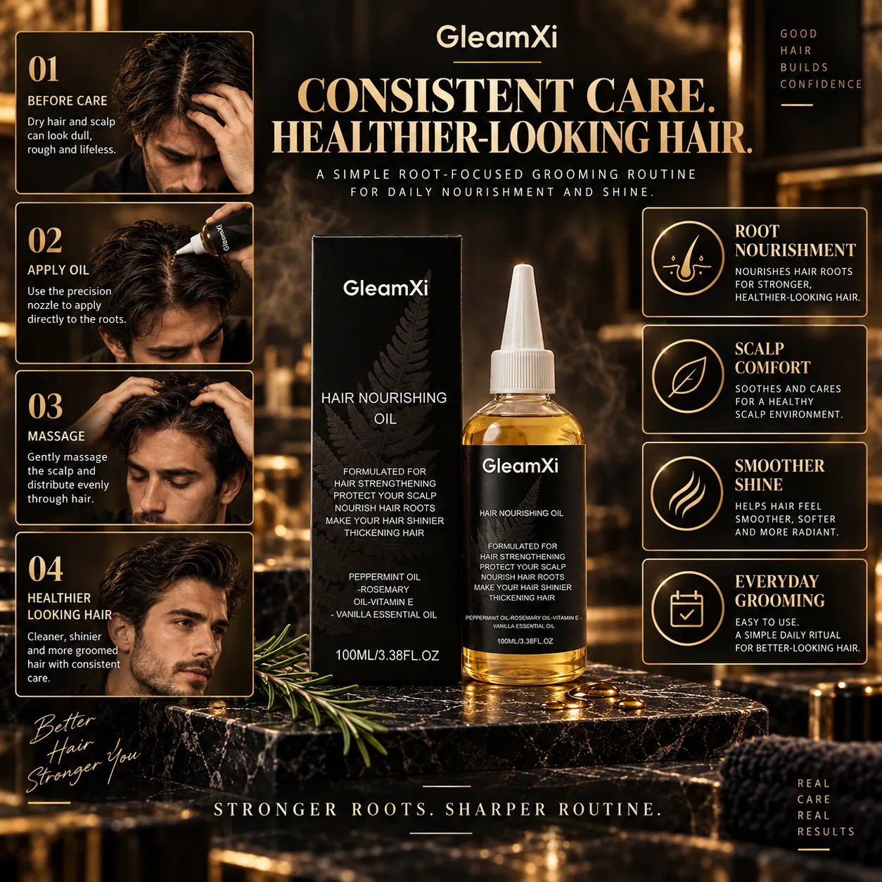 Men's Hair Nourishing Oil — A root-focused routine, not another styling product.