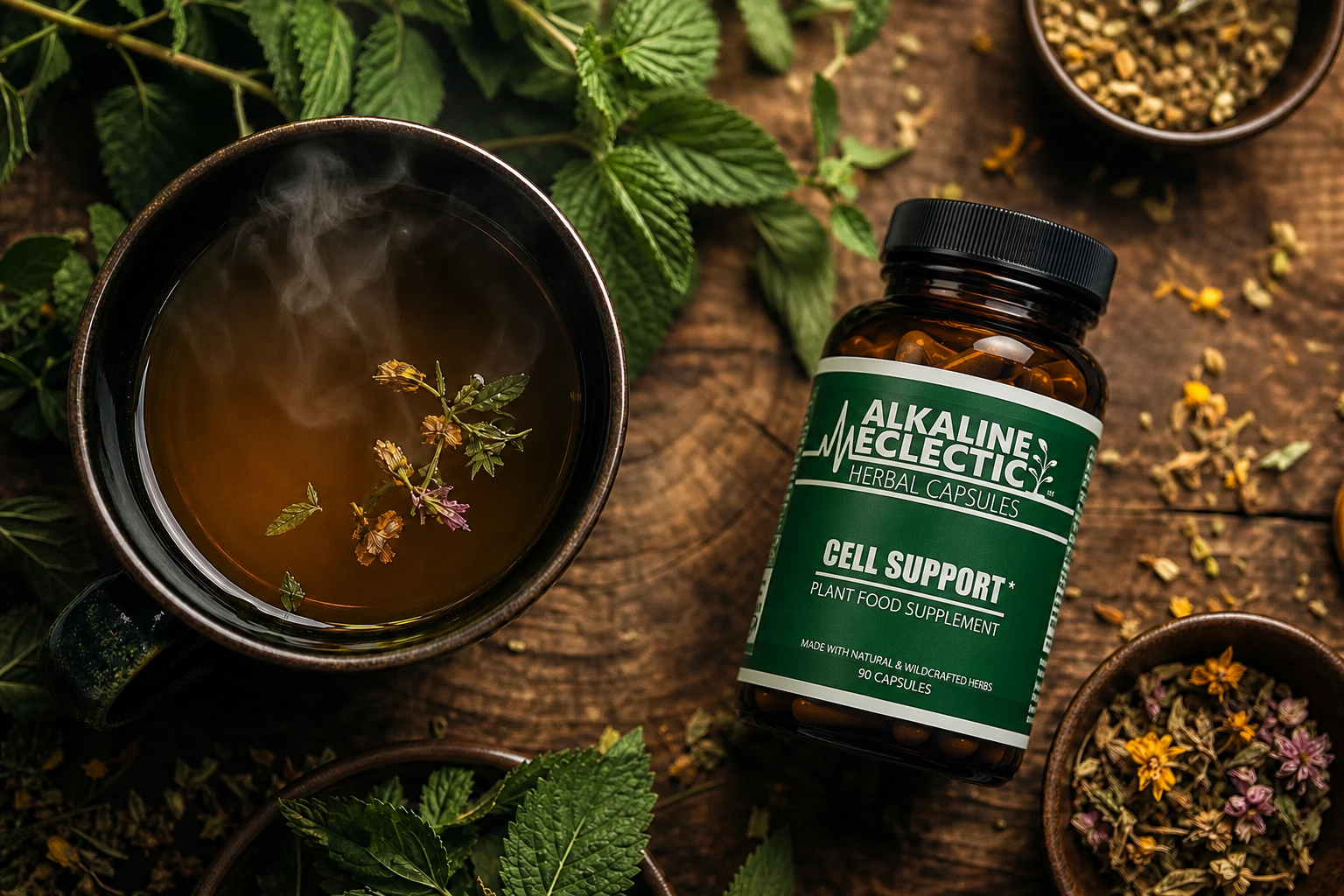 Morning ritual — Alkaline Eclectic Tea steeping beside a bottle of Cell Support