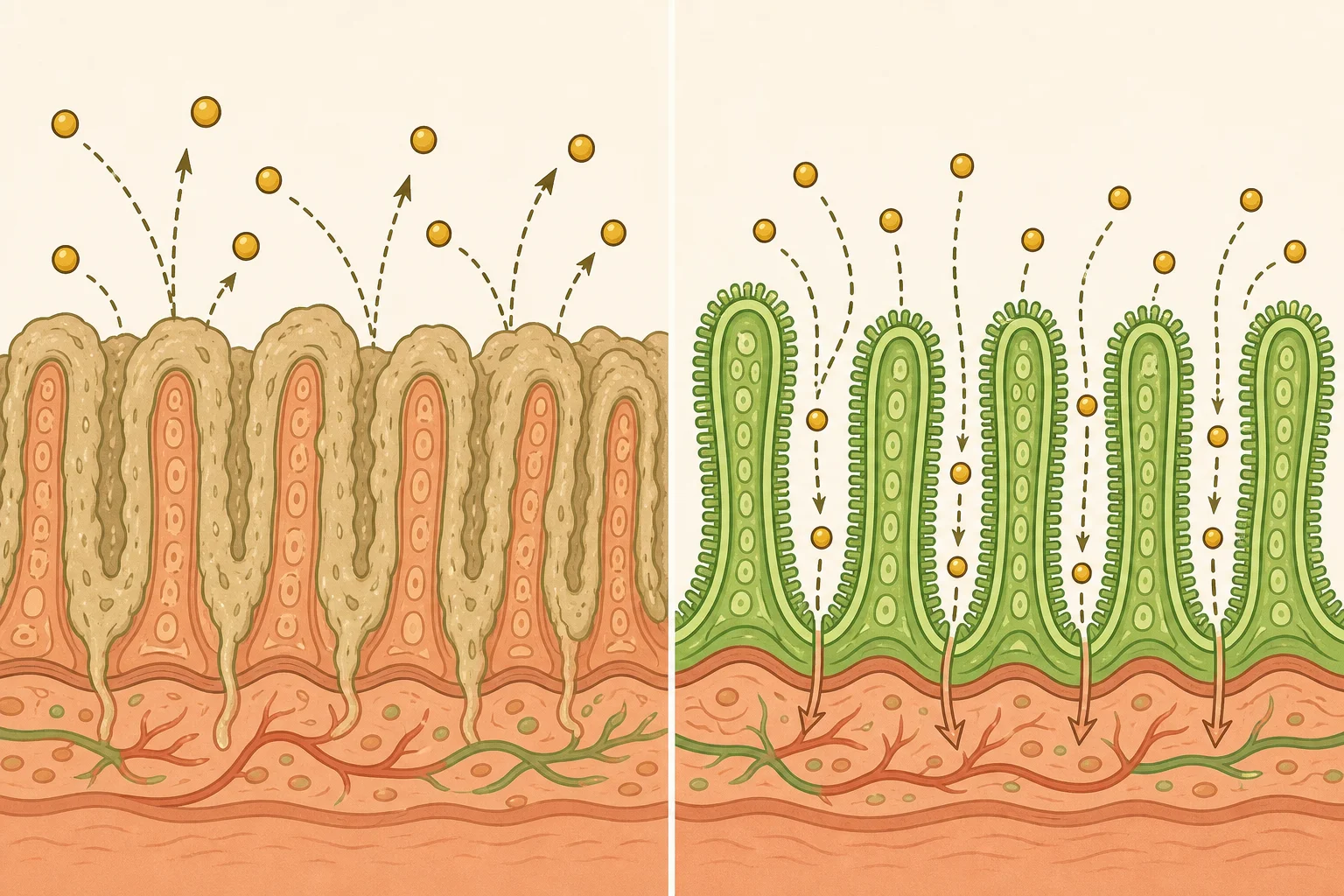 Illustration comparing blocked intestinal villi coated in paste with clean villi absorbing minerals