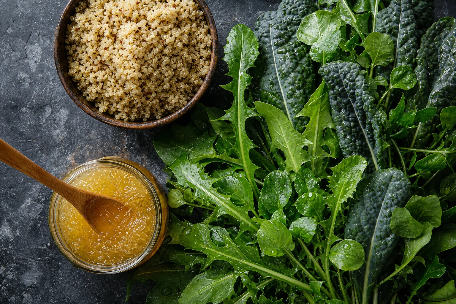 Overhead flat lay of cooked quinoa, a jar of sea moss gel, and dark leafy greens on a dark stone surface
