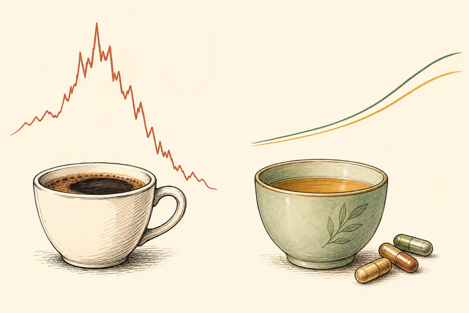 Coffee's spike-and-crash next to the steady rise of tea and minerals