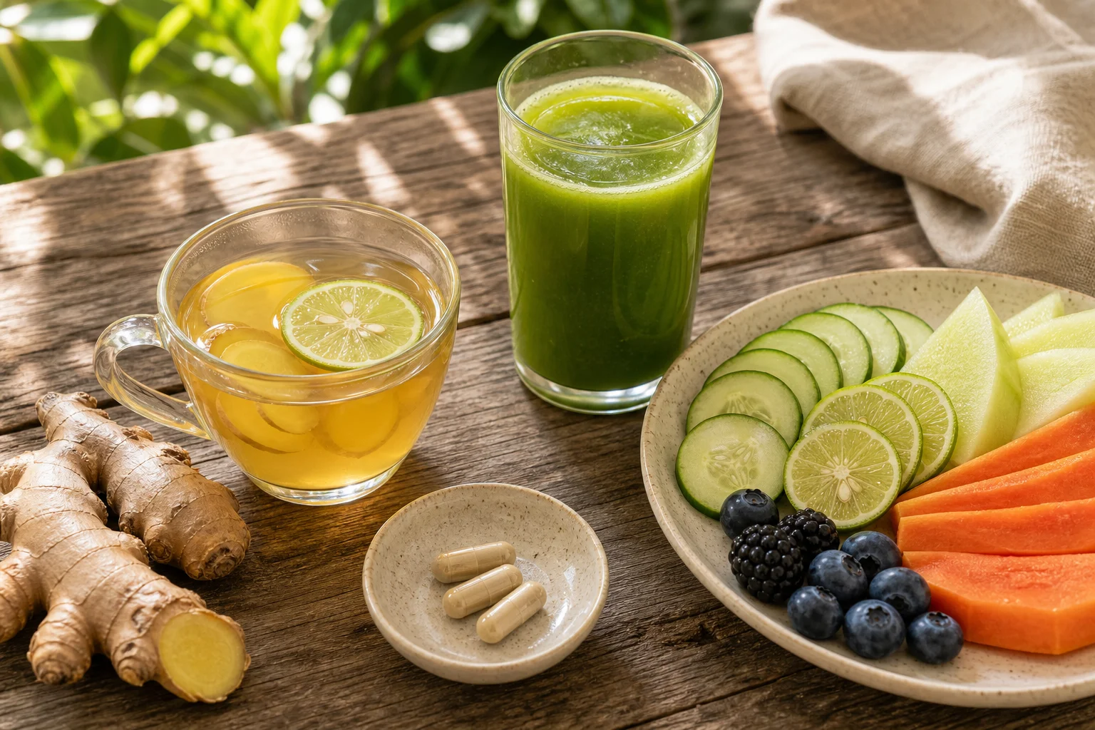 Overhead morning table with herbal tea, fresh juice, capsules and sliced fruit