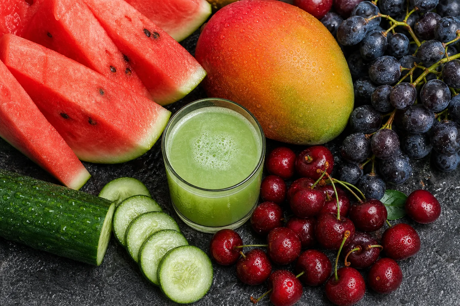 Overhead flat lay of water-rich foods: sliced watermelon, whole mango, seeded grapes, cherries, cucumber and a glass of cucumber juice