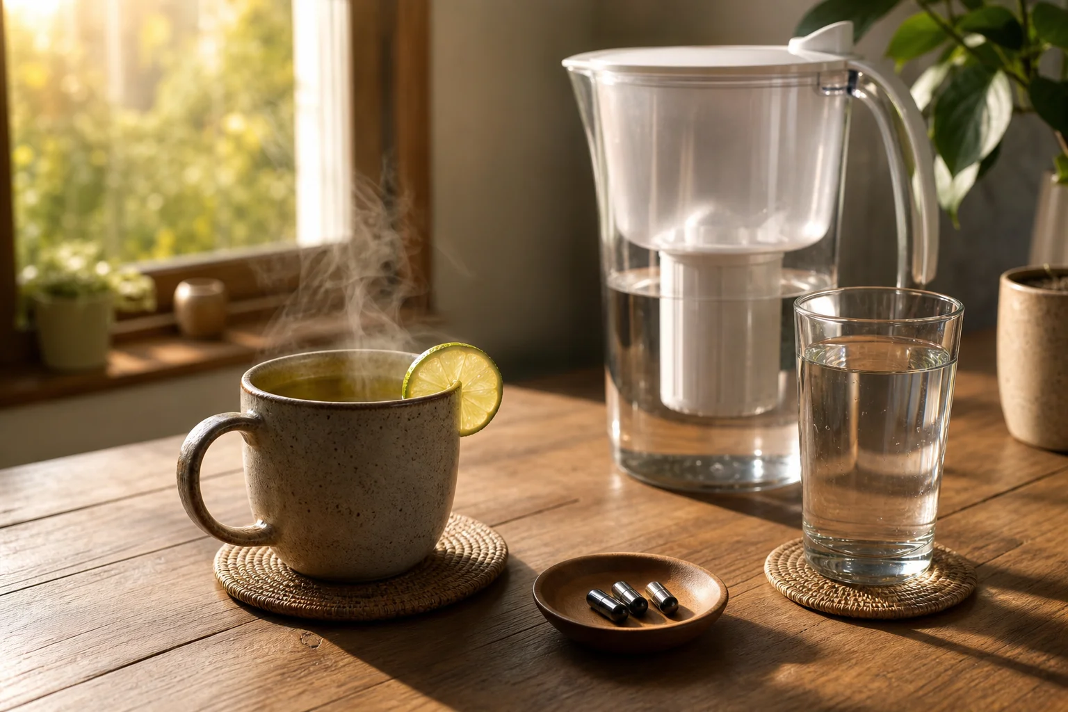 Morning hydration ritual: herbal tea with lime, a glass water pitcher, a full glass of water and a small dish of capsules on a wooden table