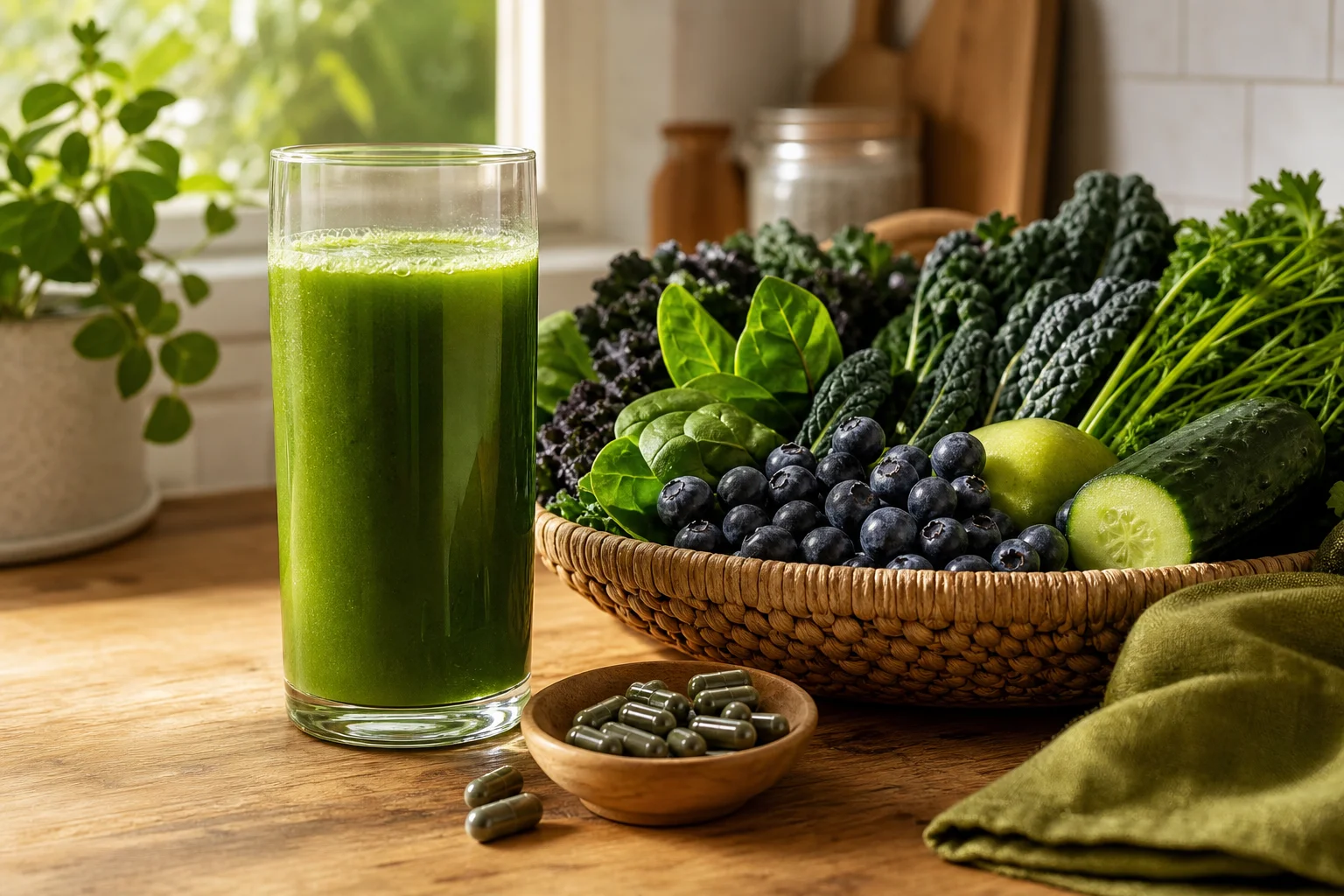 Kitchen counter reset scene with fresh green juice, a dish of herbal capsules and a bowl of leafy greens, berries and cucumber