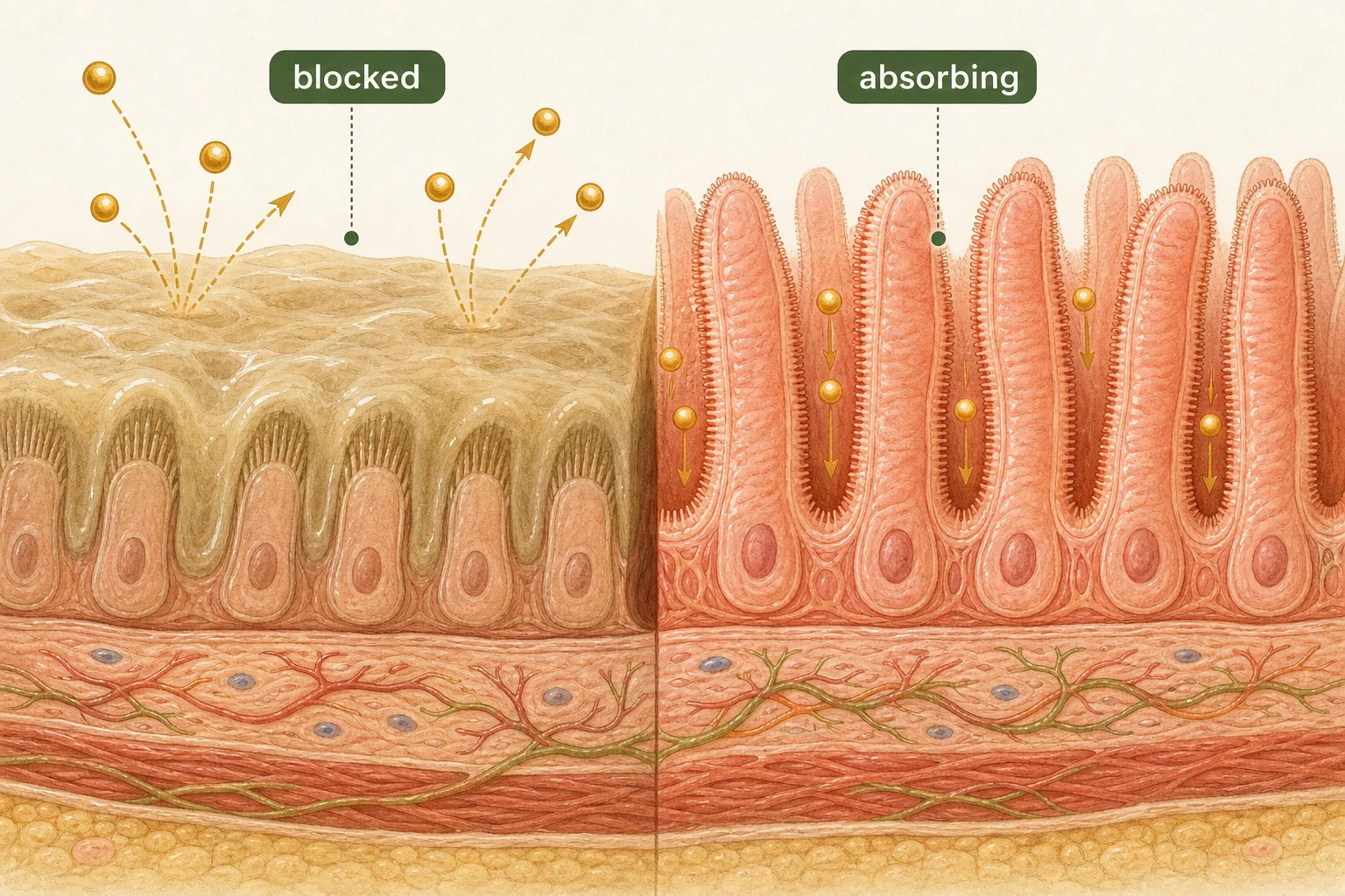 Illustration comparing intestinal villi coated in a mucus layer with minerals bouncing off, beside clean villi absorbing minerals