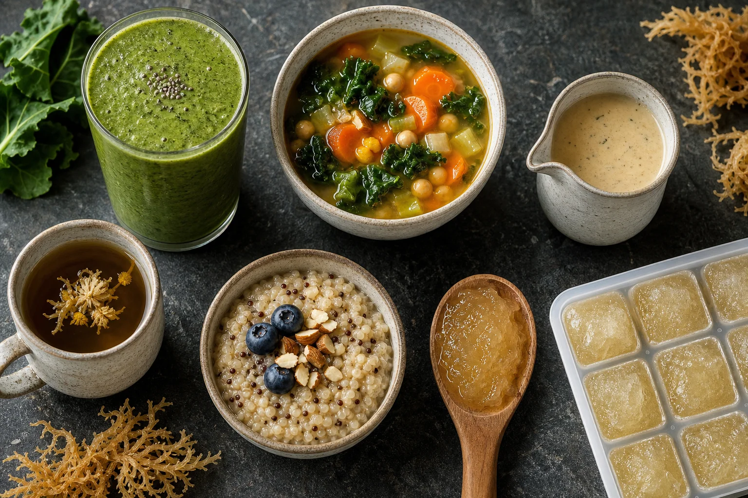 Overhead spread showing seven ways to use sea moss gel: smoothie, soup, dressing, tea, quinoa porridge, a spoonful of gel and frozen gel cubes