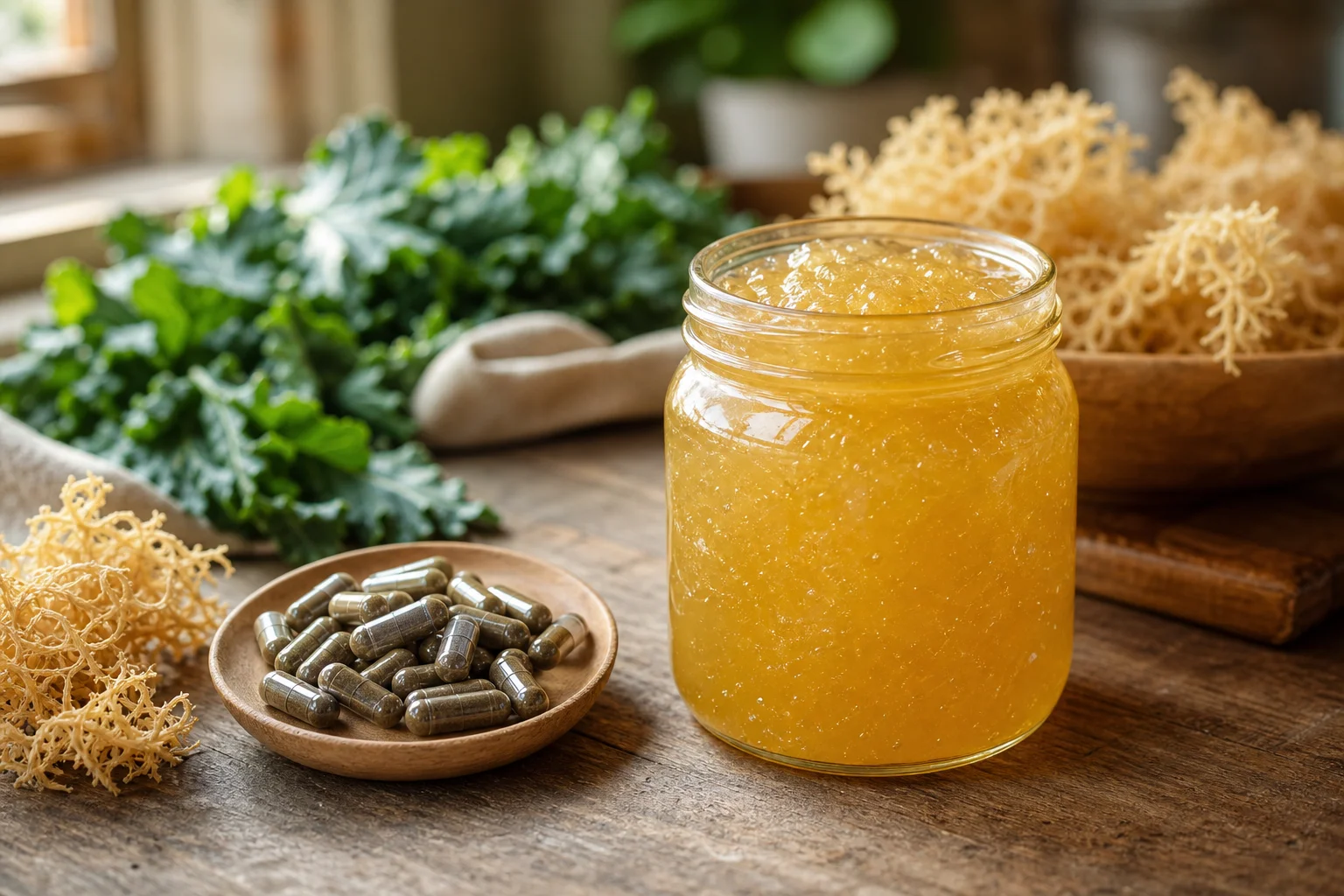 A jar of golden sea moss gel beside a small wooden dish of dark herbal capsules on a rustic counter in morning light
