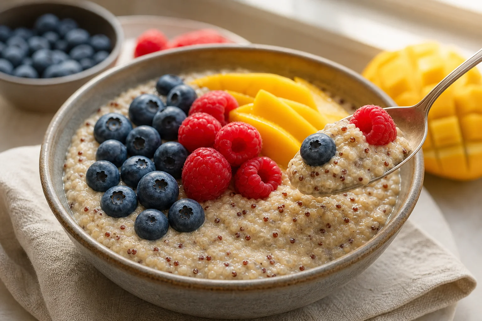Creamy quinoa porridge topped with fresh berries and sliced mango in morning light
