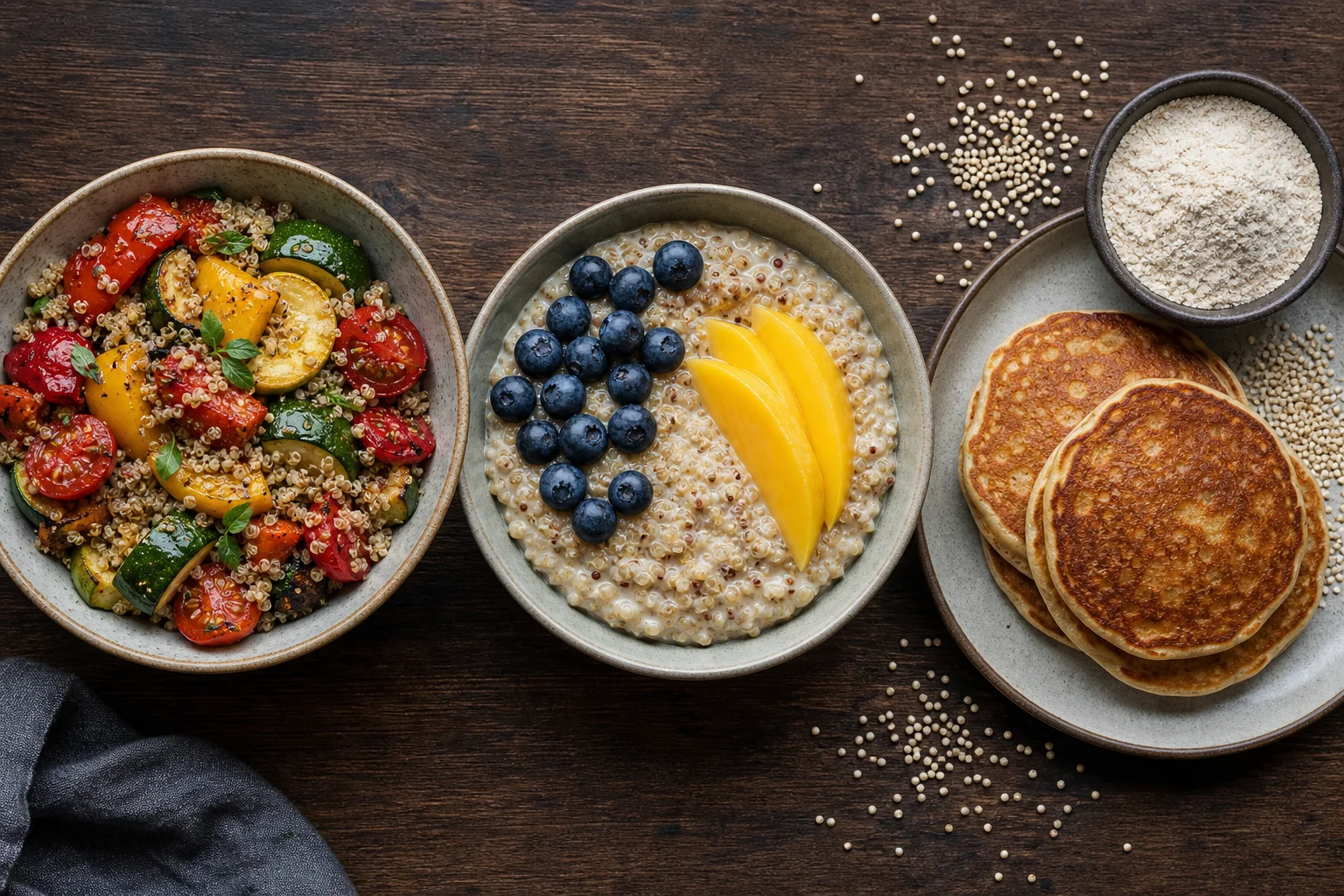 Overhead spread of quinoa three ways: a savory vegetable bowl, a fruit-topped porridge, and pancakes beside homemade quinoa flour