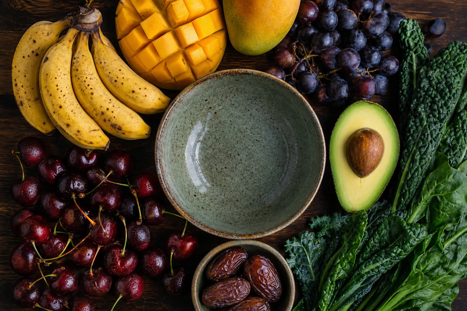 Overhead spread of swap options around an empty bowl: burro bananas, sliced mango, seeded grapes, cherries, dates, avocado and greens