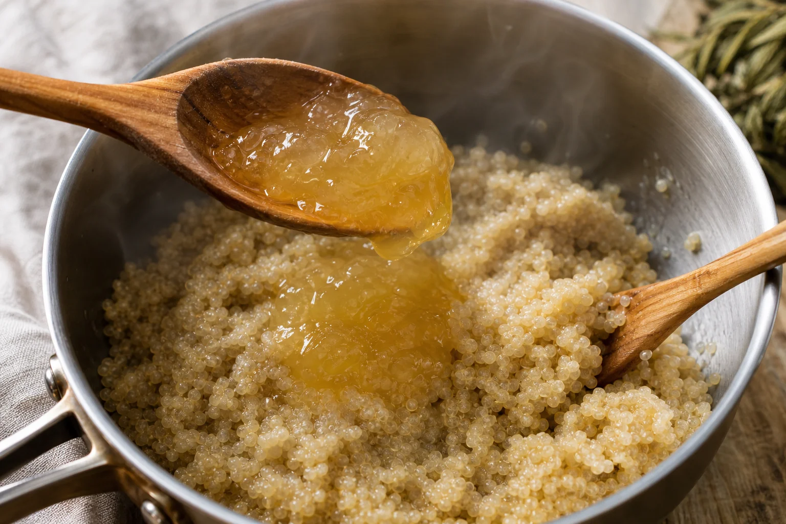 A spoonful of translucent sea moss gel being folded into a warm pot of soft cooked quinoa