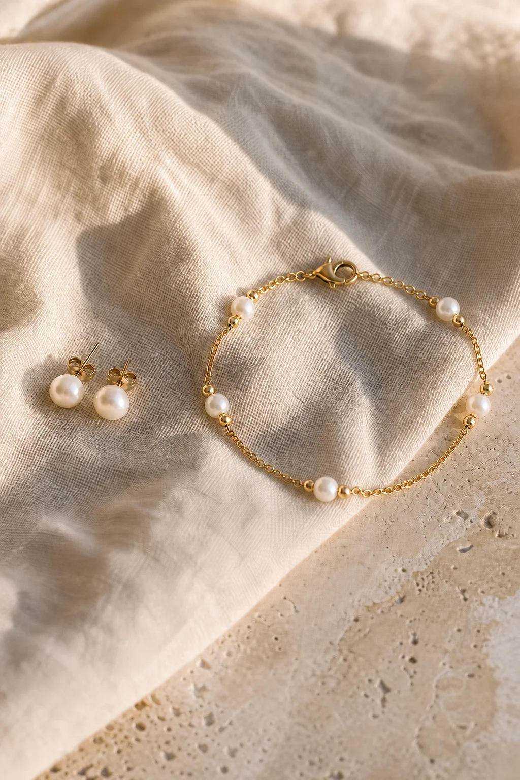 A hand resting at the collarbone wearing a gold pearl bracelet, pearl ring and layered pearl necklace