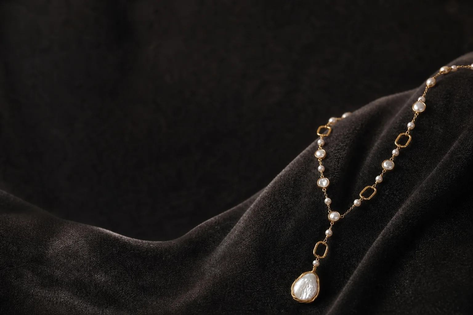 Lumina Pearl Station Necklace with a gold-wrapped baroque pearl pendant on charcoal velvet