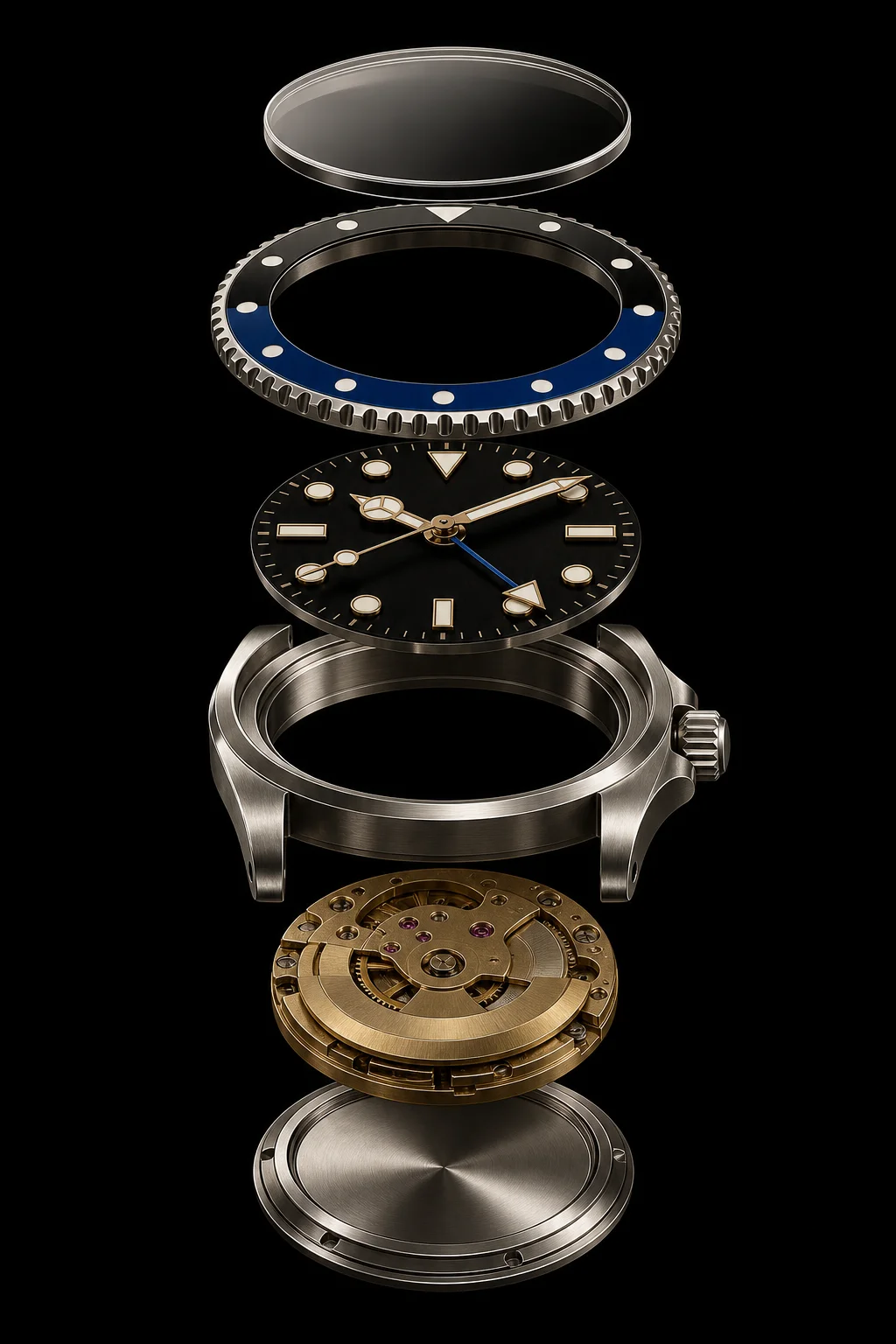 Exploded view of a hand-built mod watch showing crystal, bezel, dial, case, NH35 movement and caseback