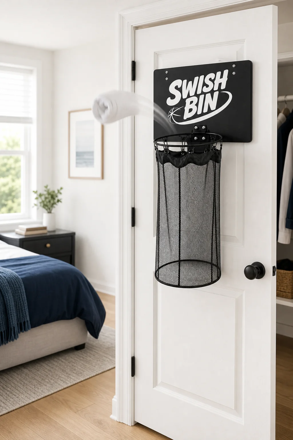 T-shirt flying into the Swish Bin hoop