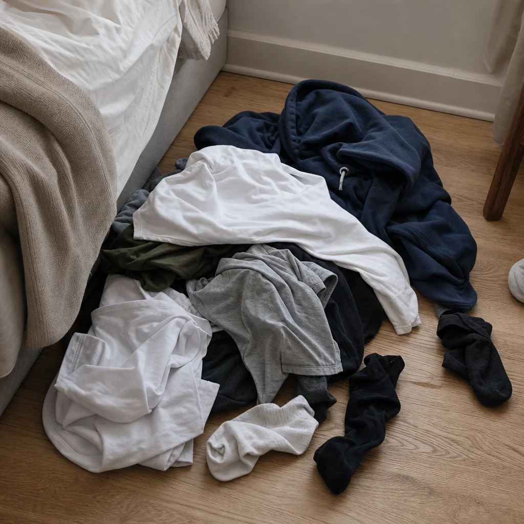 Before: pile of clothes on a bedroom floor