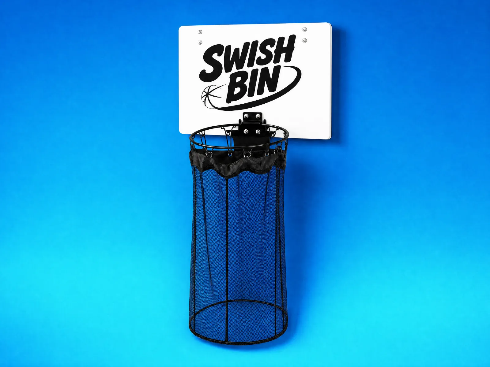 Swish Bin hoop hamper with Swish Bin backboard and blue mesh basket