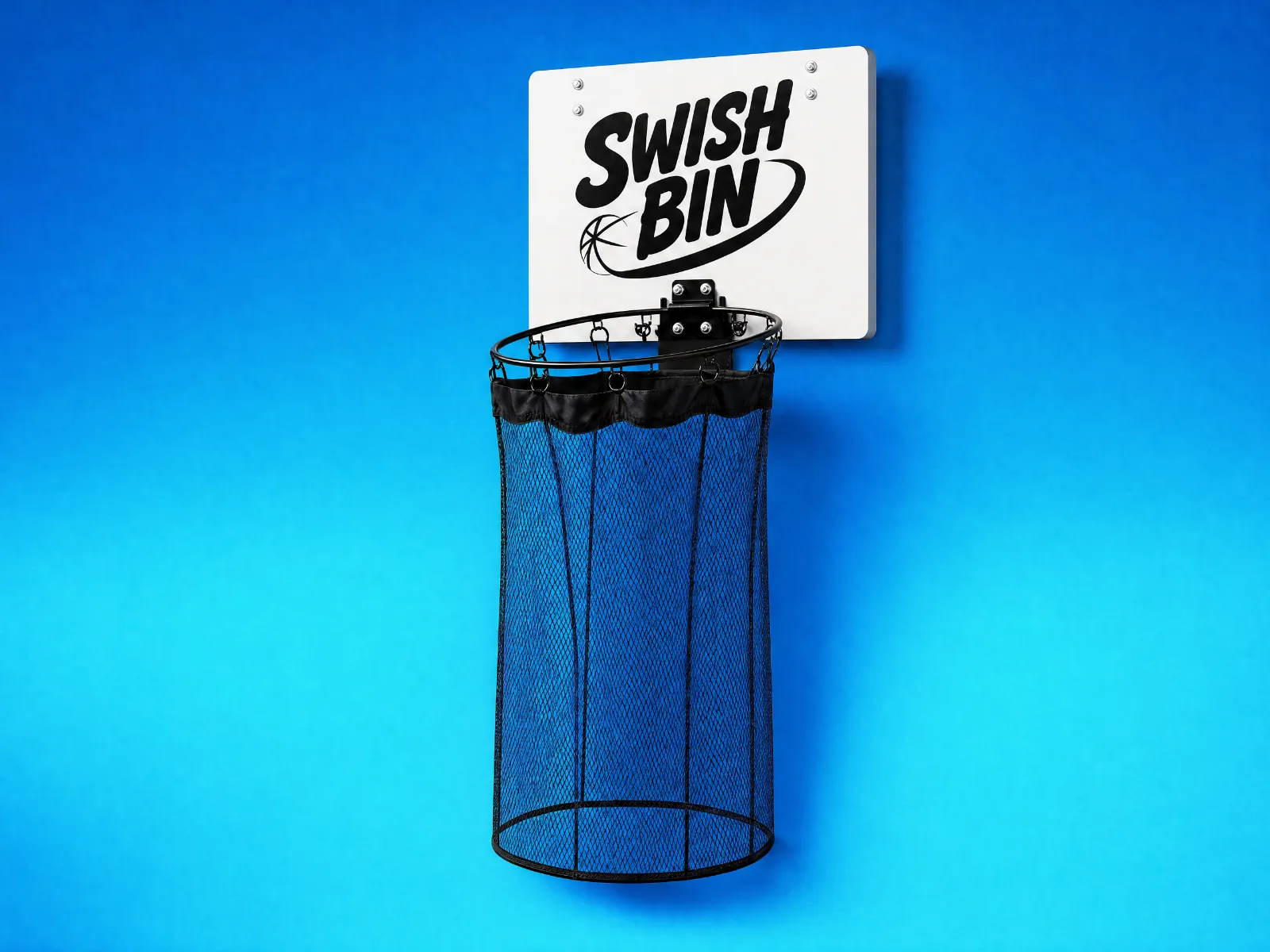 Swish Bin hoop hamper with white backboard, black rim and black mesh basket