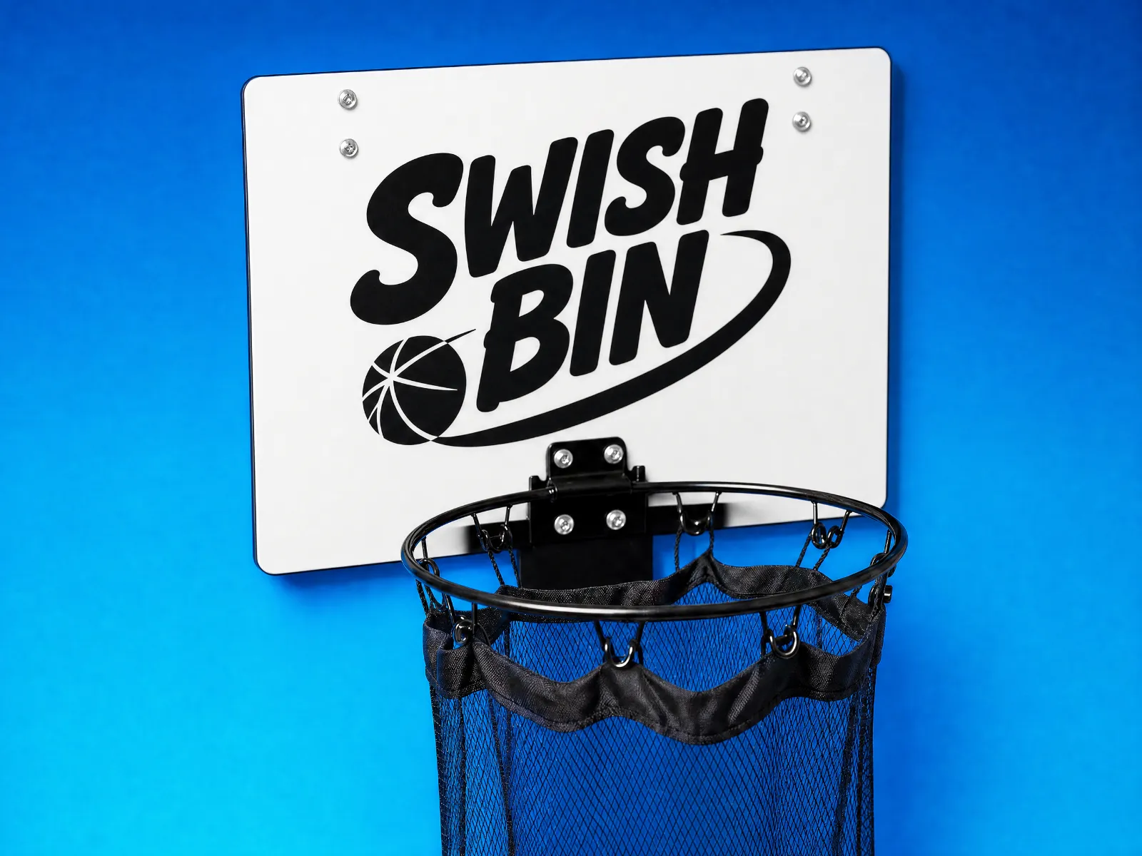 Close-up of the Swish Bin backboard logo and black steel rim