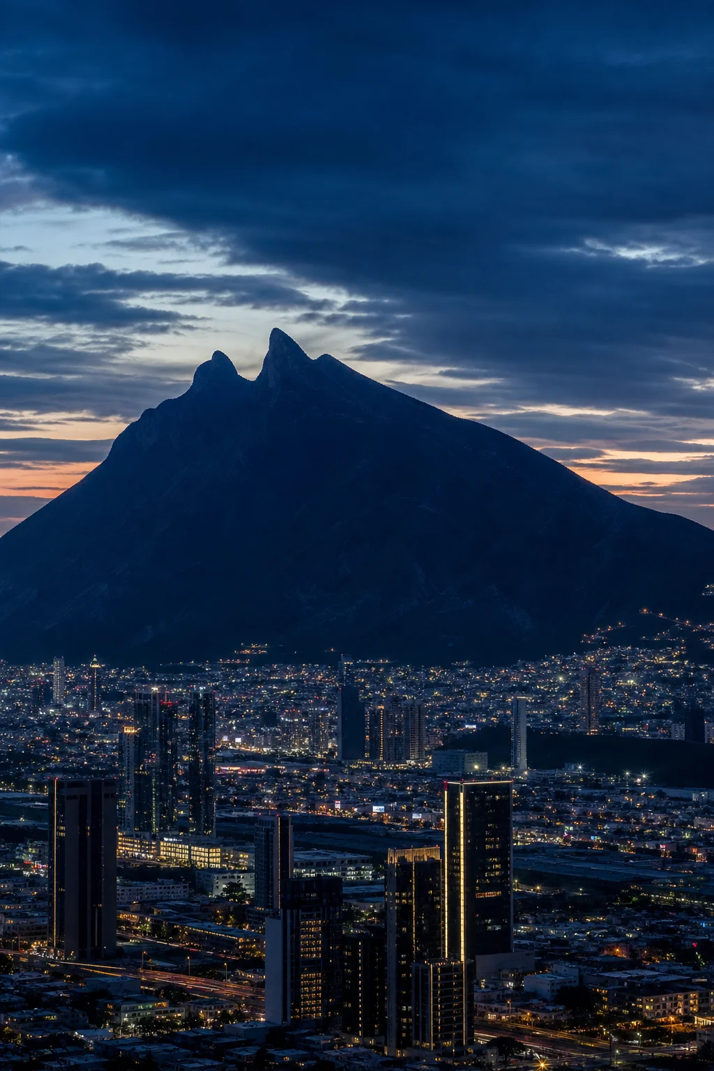 Monterrey at dusk with Cerro de la Silla in the background