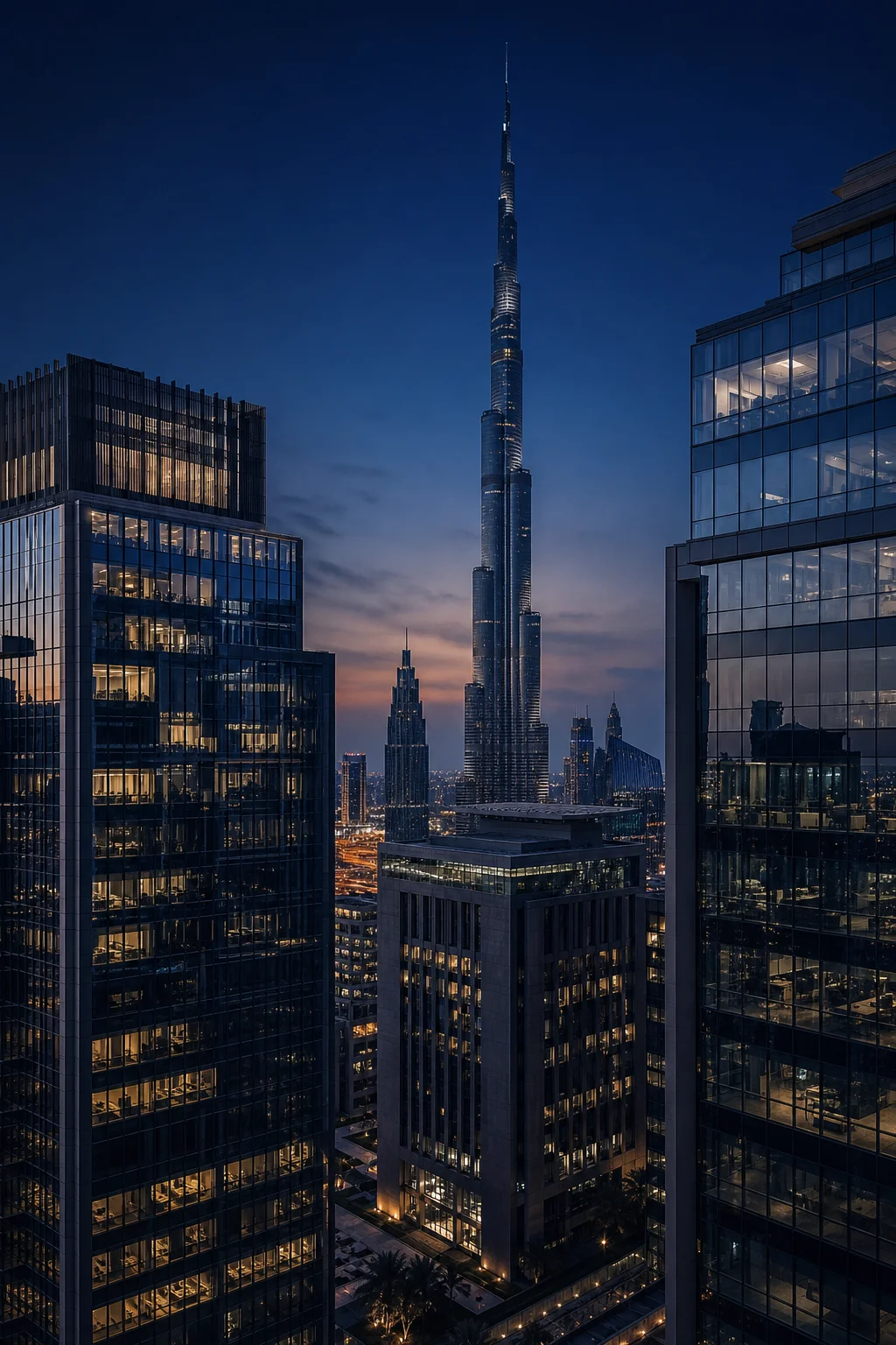 Dubai skyline at dusk, seen from the DIFC financial district