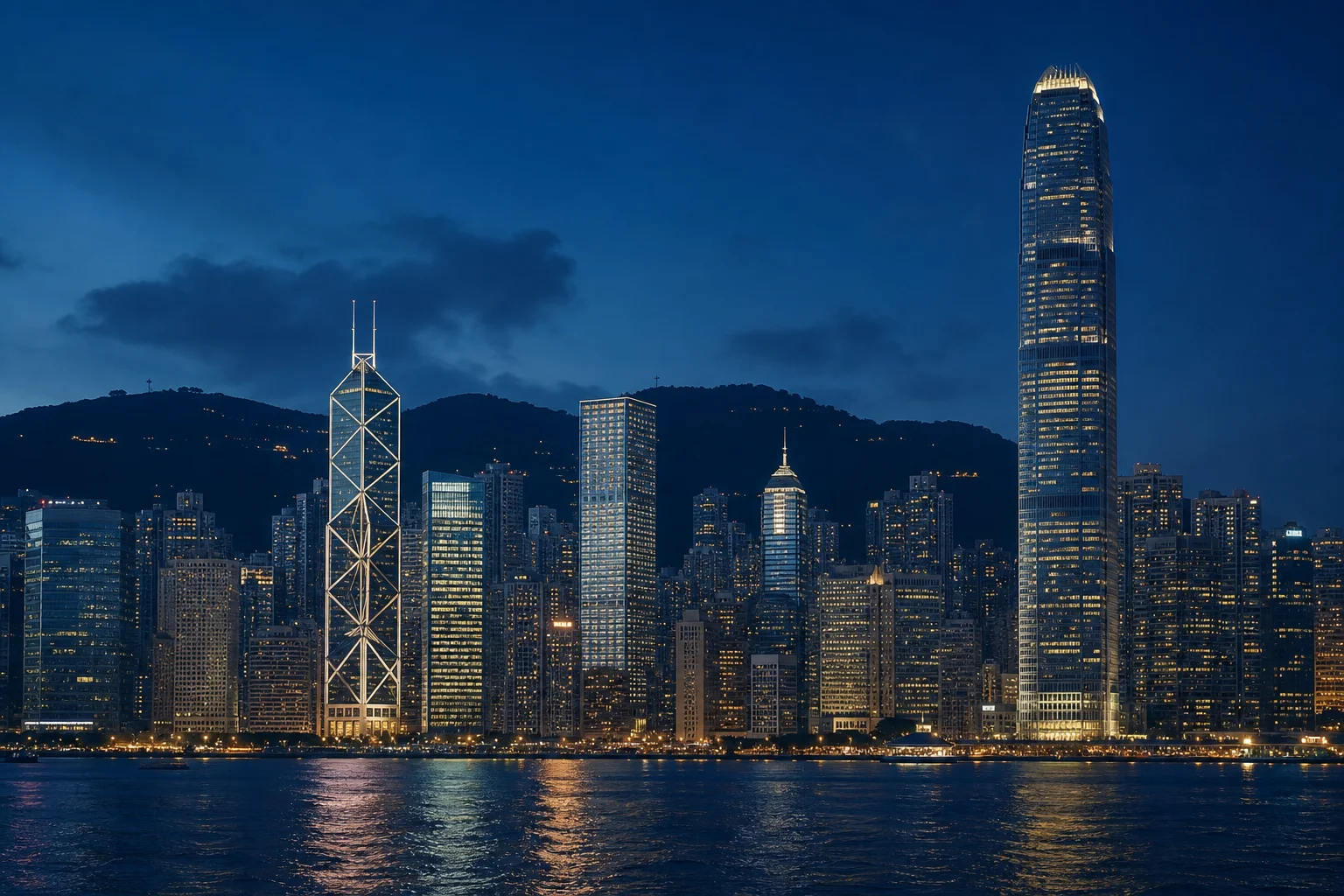 Hong Kong Central skyline at dusk, seen from Victoria Harbour