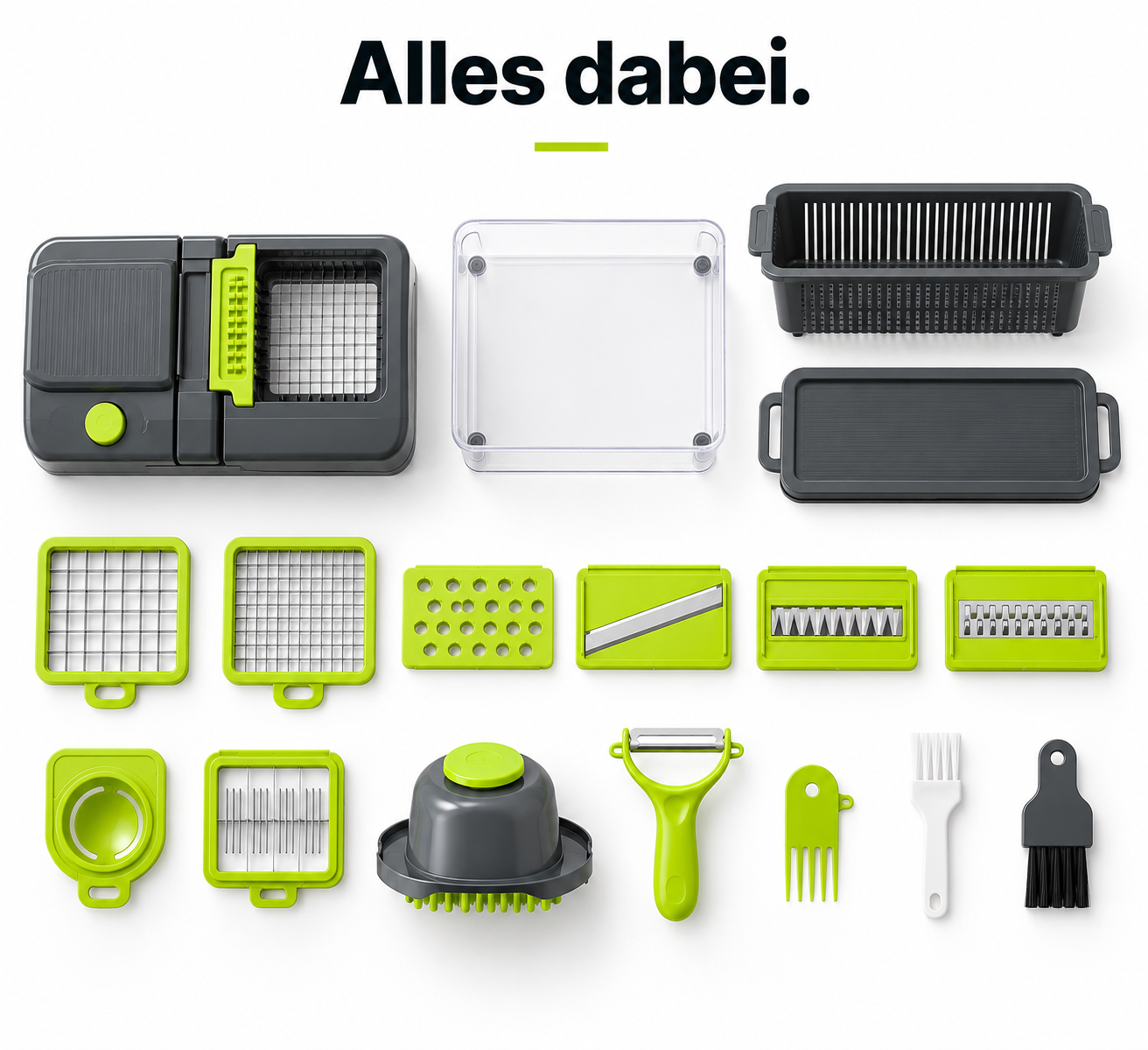 Vollständiges Set aus Gemüseschneider mit Einsätzen, Auffangbehälter und Handschutz