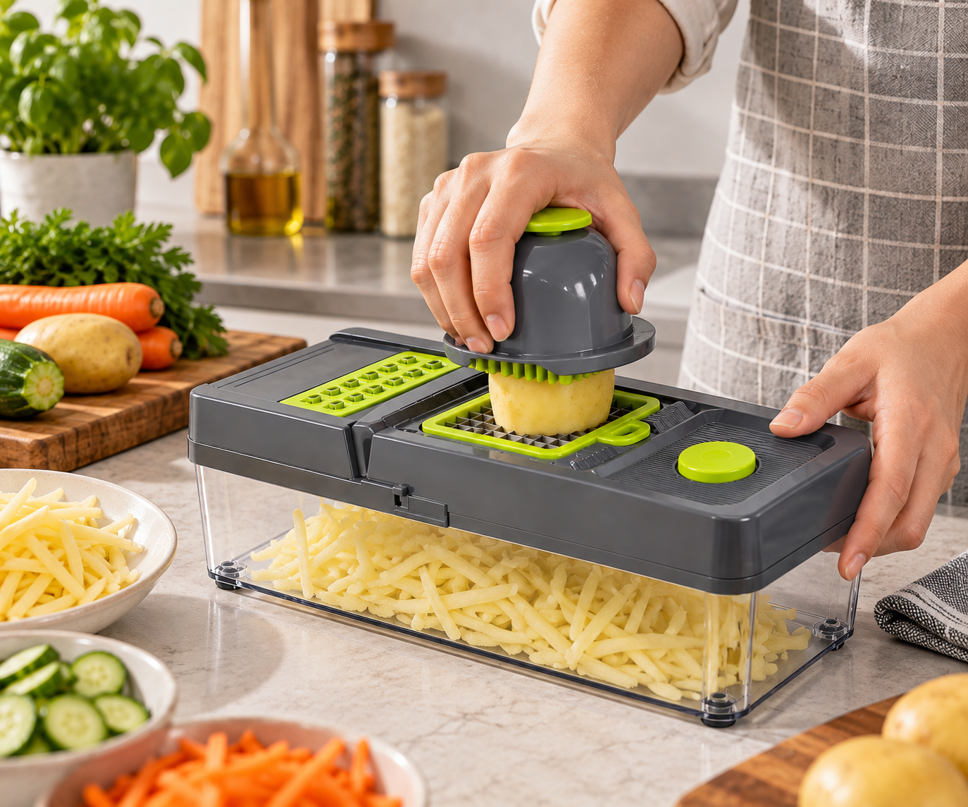Kartoffeln werden mit unterschiedlichen Einsätzen zu Streifen und Scheiben geschnitten