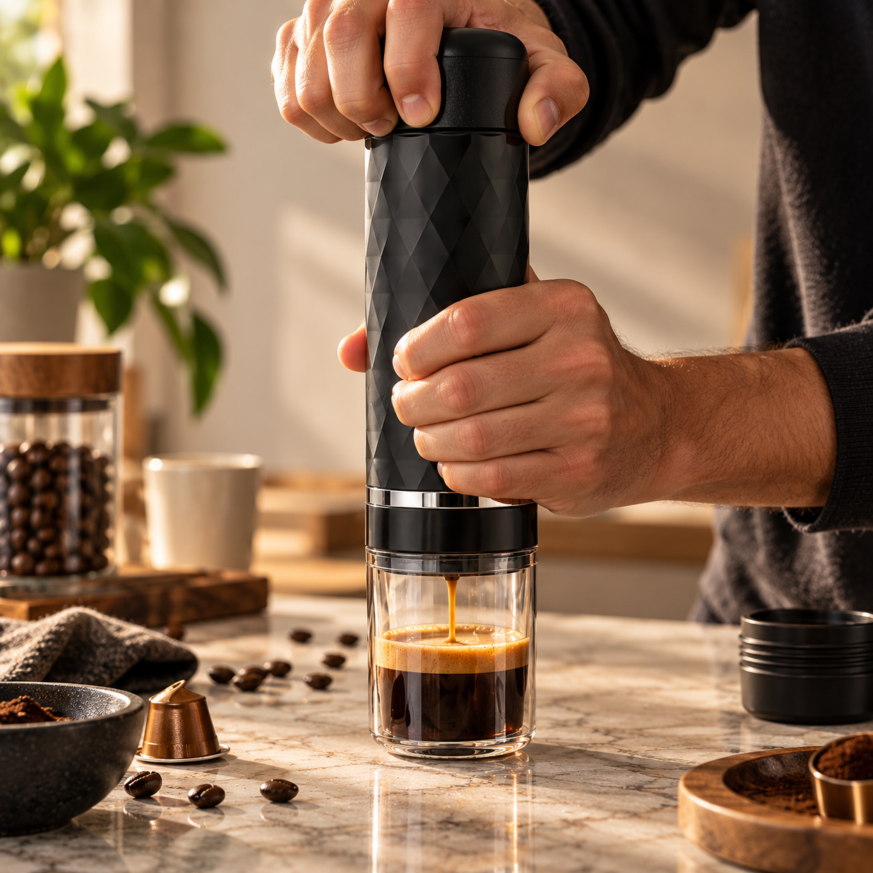 Hände bedienen den Espresso Maker in einer Küche