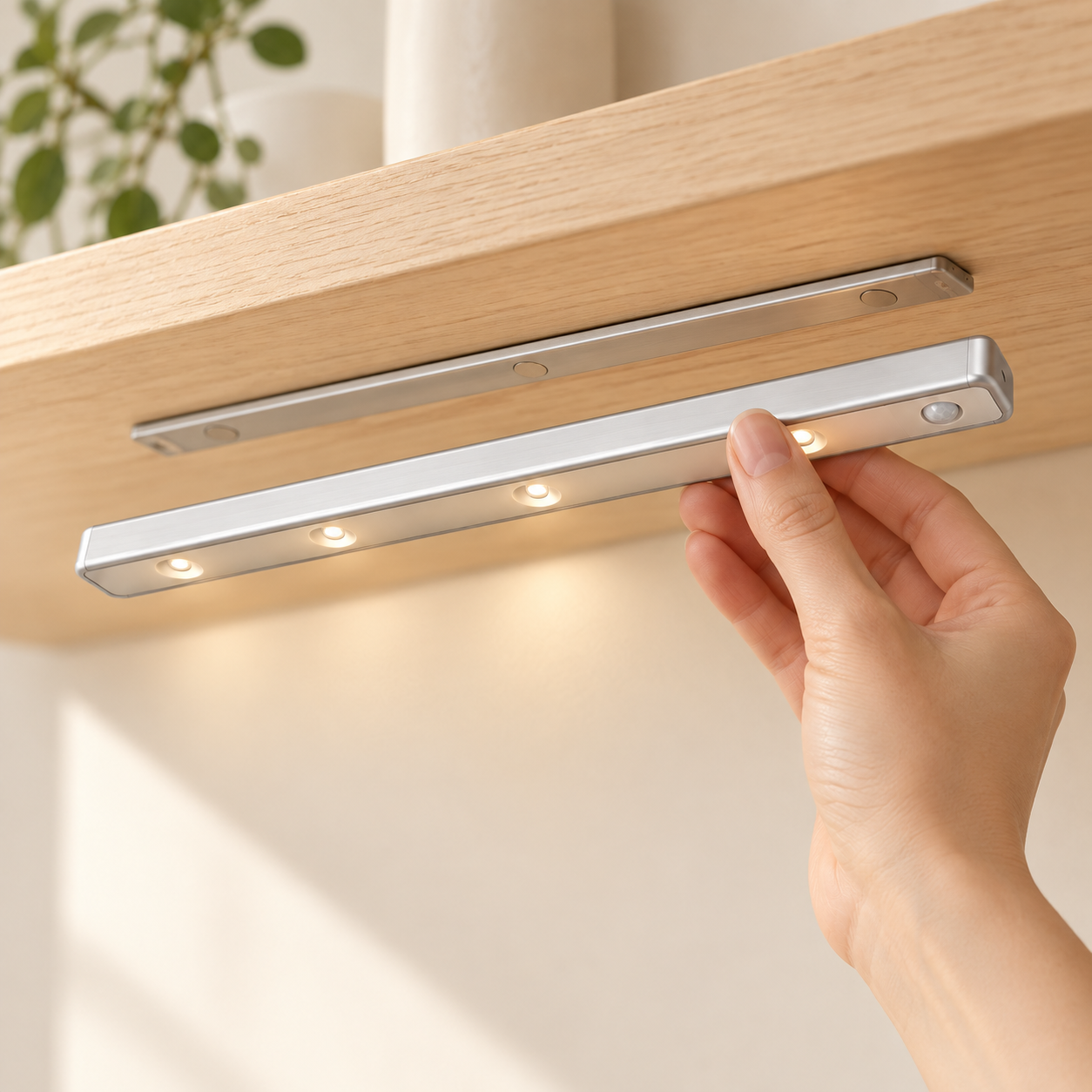 Hand nimmt die silberne LED-Leiste von ihrer Halterung unter einem Regalboden ab