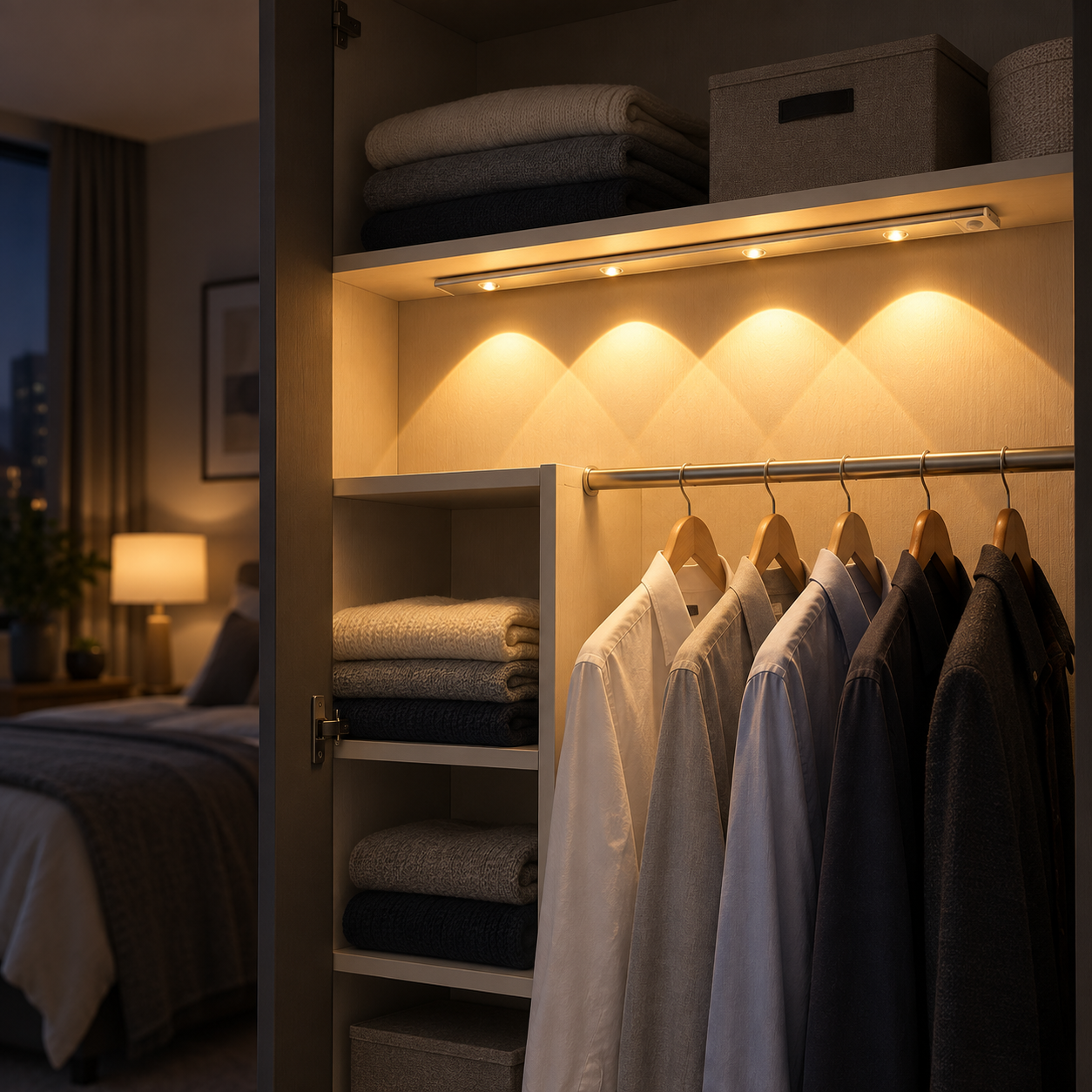 Silberne LED-Leiste im Kleiderschrank bei Nacht, beleuchtet Hemden und gefaltete Wäsche