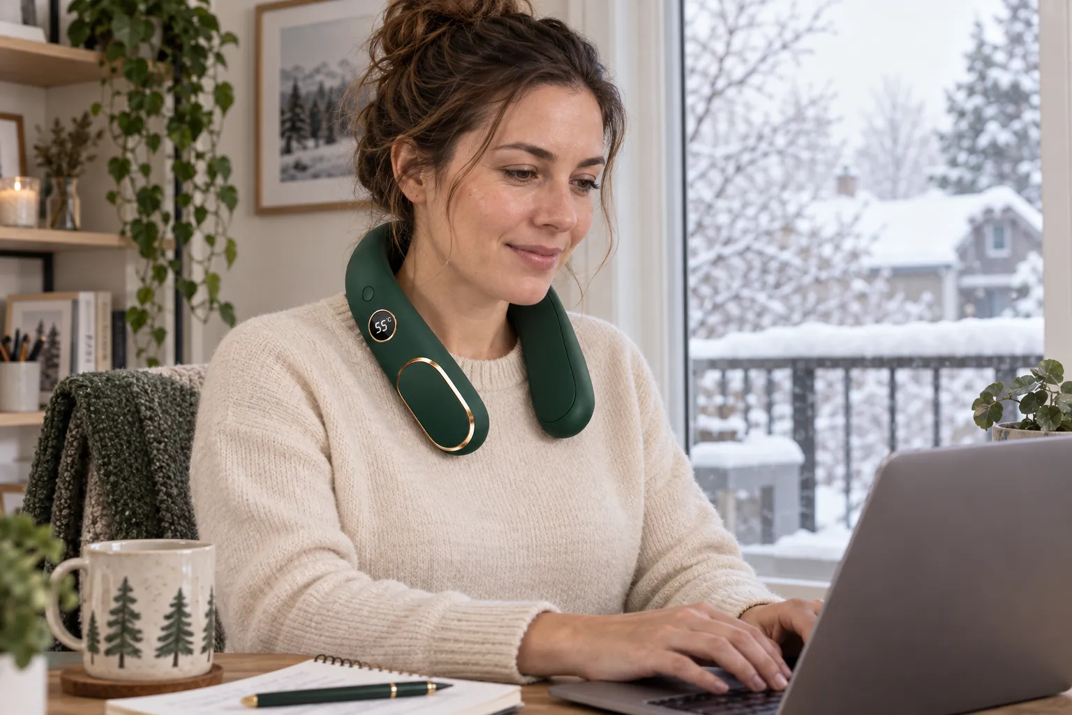 Frau mit grĂŒnem Utilos NackenwĂ€rmer arbeitet am Laptop, draussen liegt Schnee
