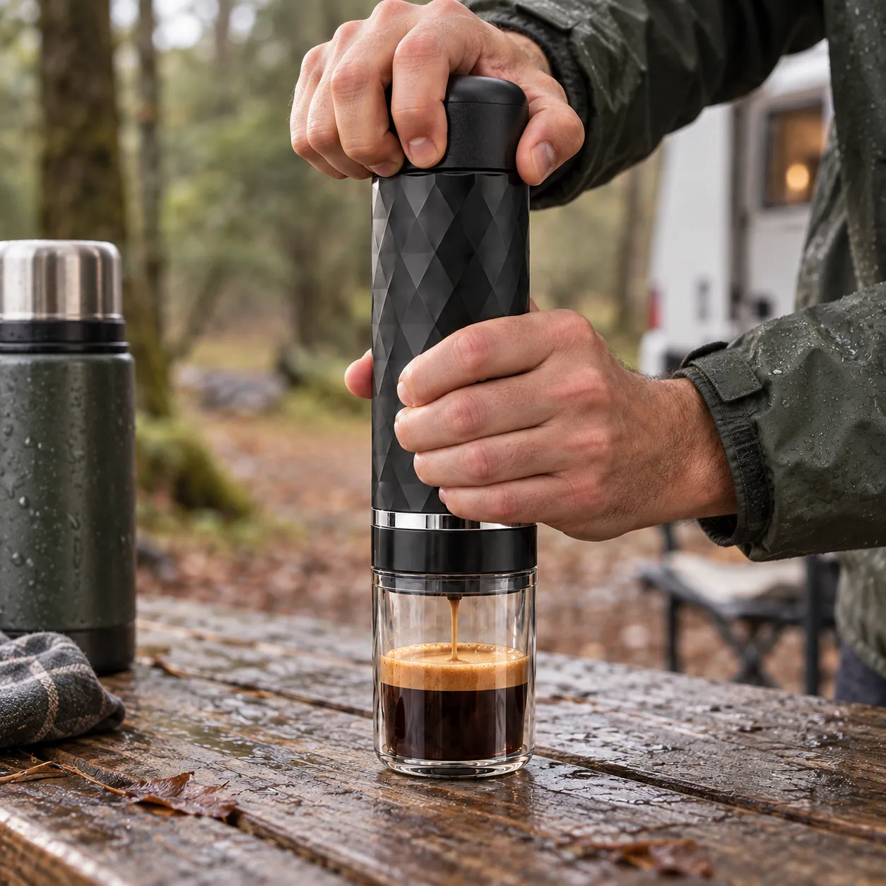 Hände pumpen den Espresso Maker auf einem Campingtisch im Regen