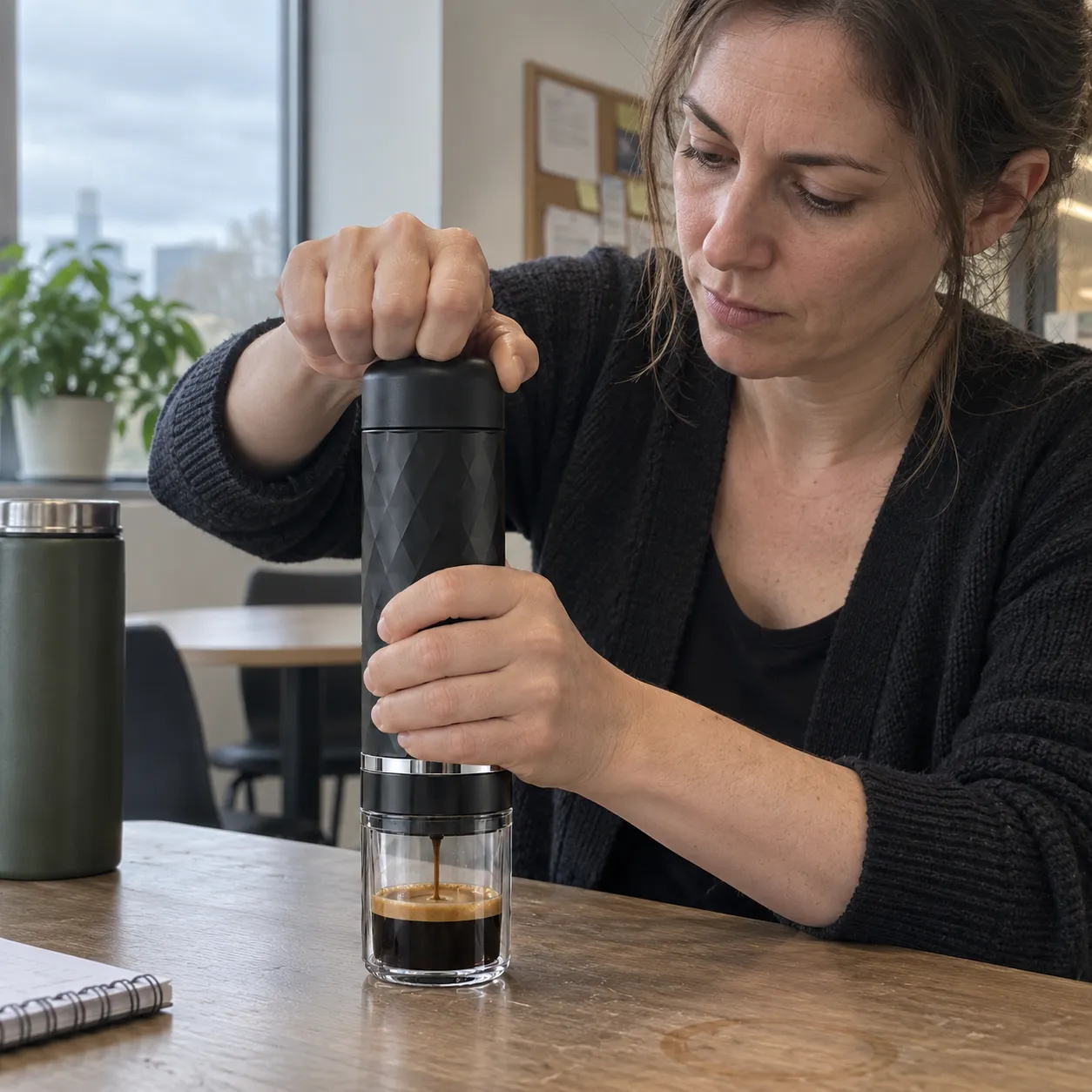 Frau pumpt den Espresso Maker ruhig am Bürotisch, ohne Steckdose