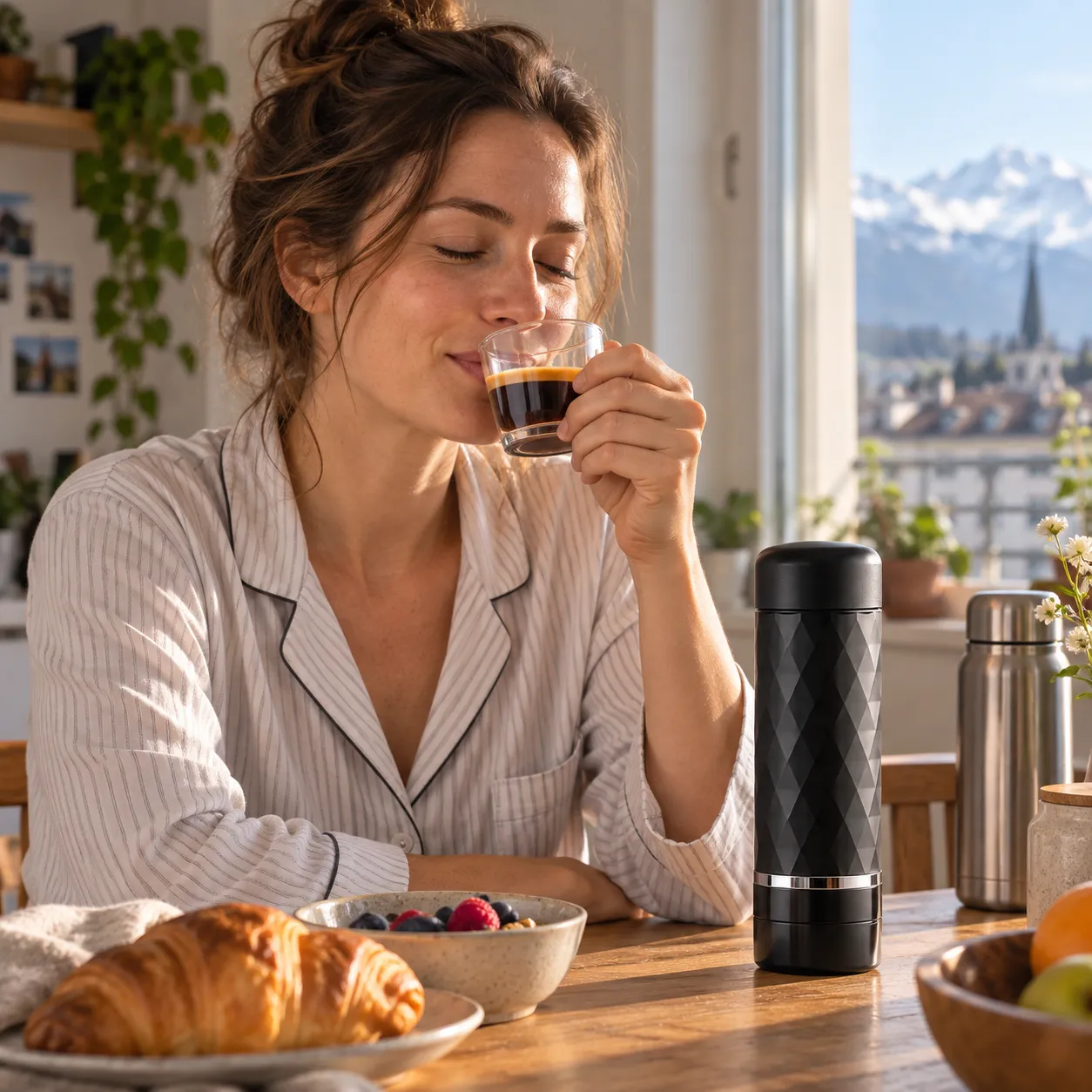 Frau im Pyjama, noch halb schläfrig, hält ihren Espresso und geniesst die Stille