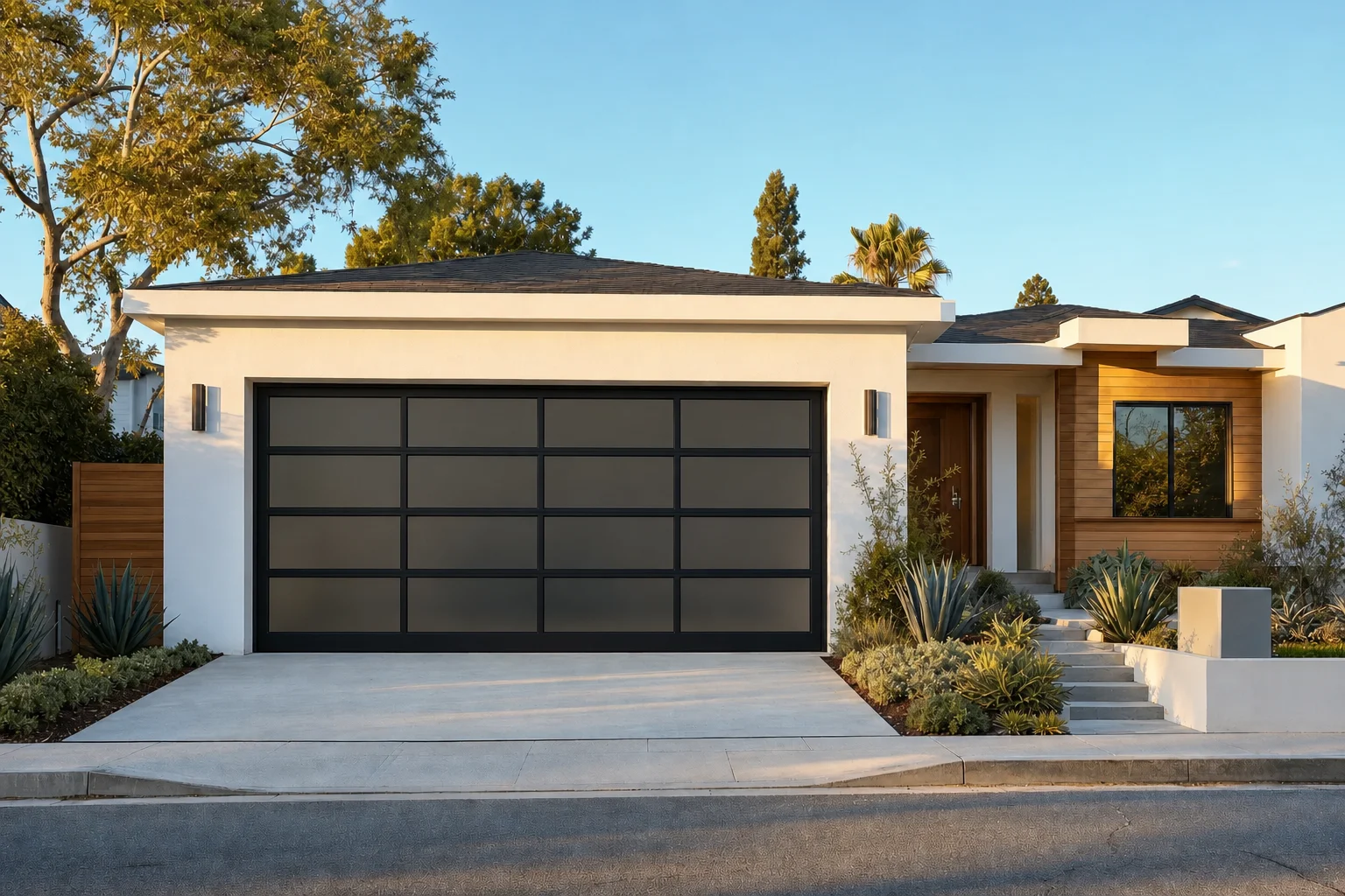 The same home with a Full View glass garage door rendered on it
