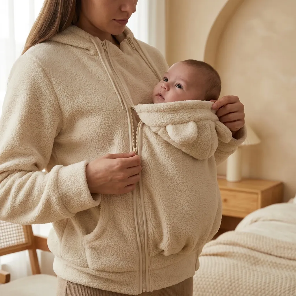 Maminka zapíná miminko do kapsy nosící mikiny Tulínko Fleece