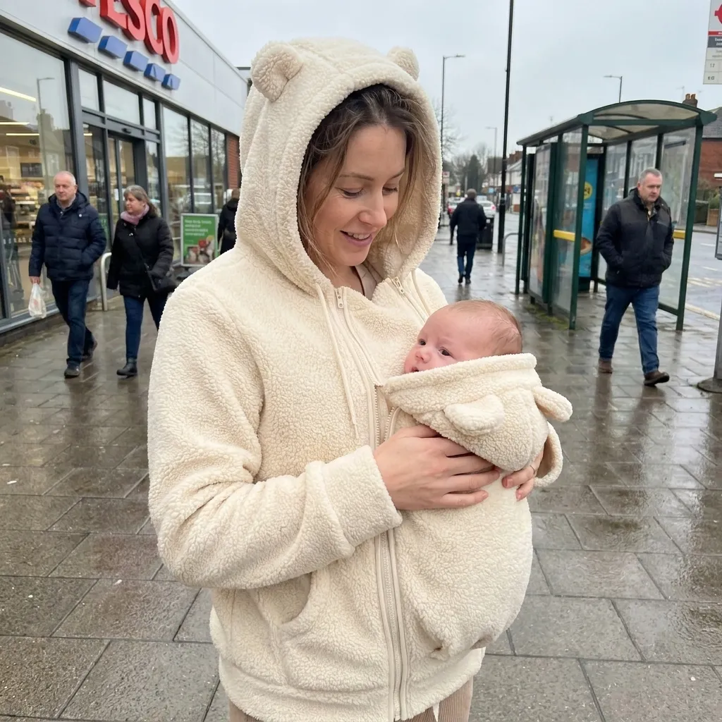 Maminka s miminkem v nosící mikině Tulínko Fleece venku ve městě